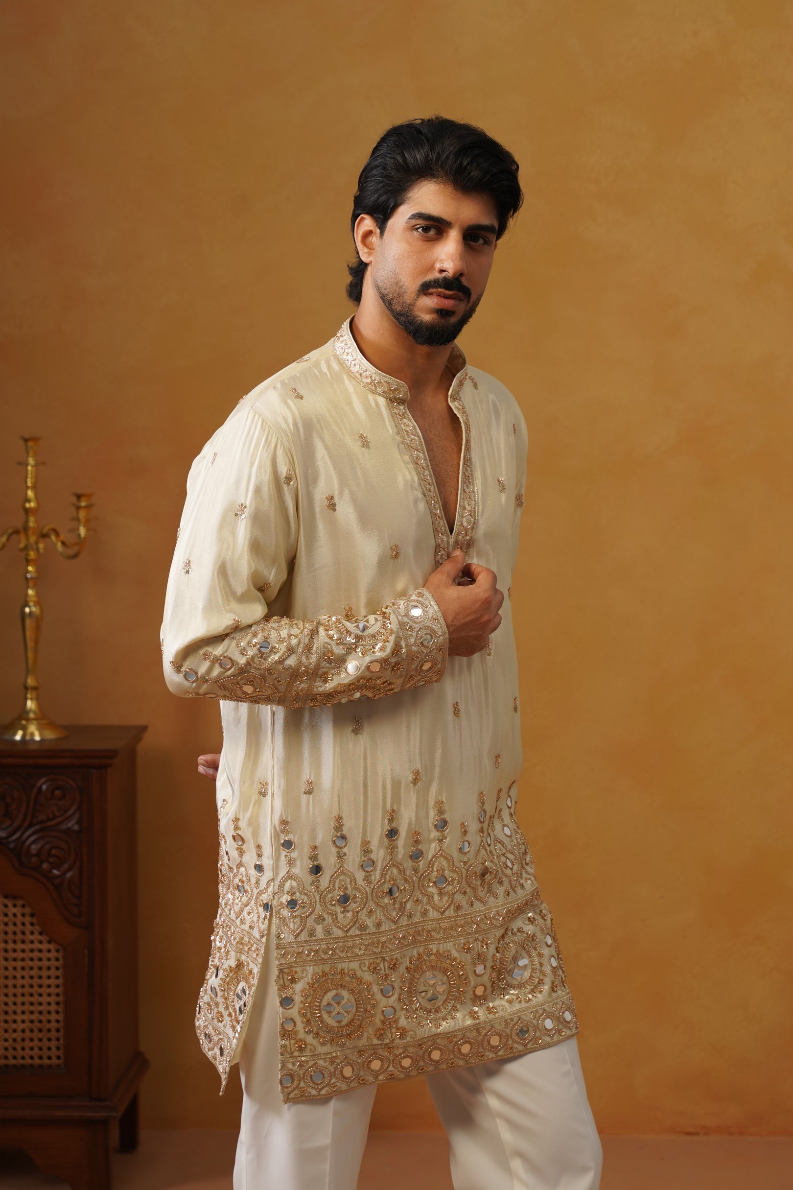 Noor-e-Taj Ivory Mirror Work Kurta with Trouser & Dupatta