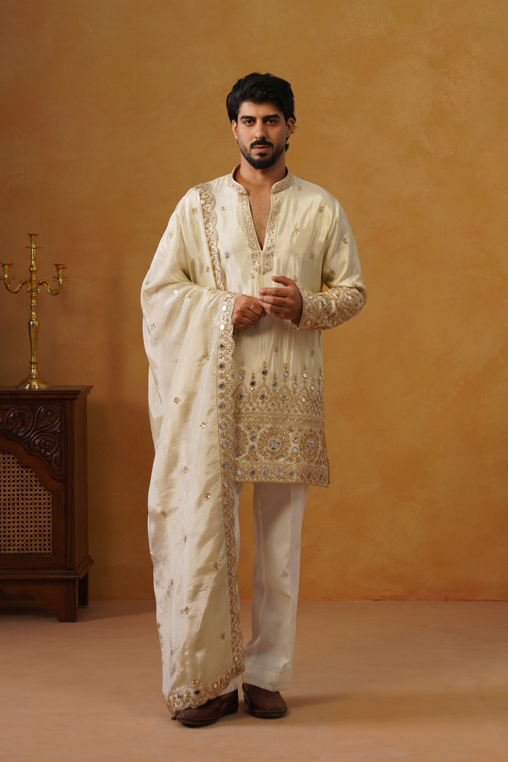 Noor-e-Taj Ivory Mirror Work Kurta with Trouser & Dupatta