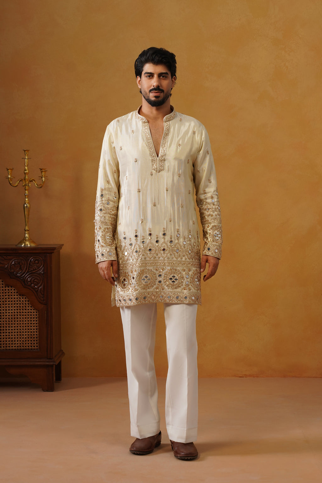 Noor-e-Taj Ivory Mirror Work Kurta with Trouser & Dupatta
