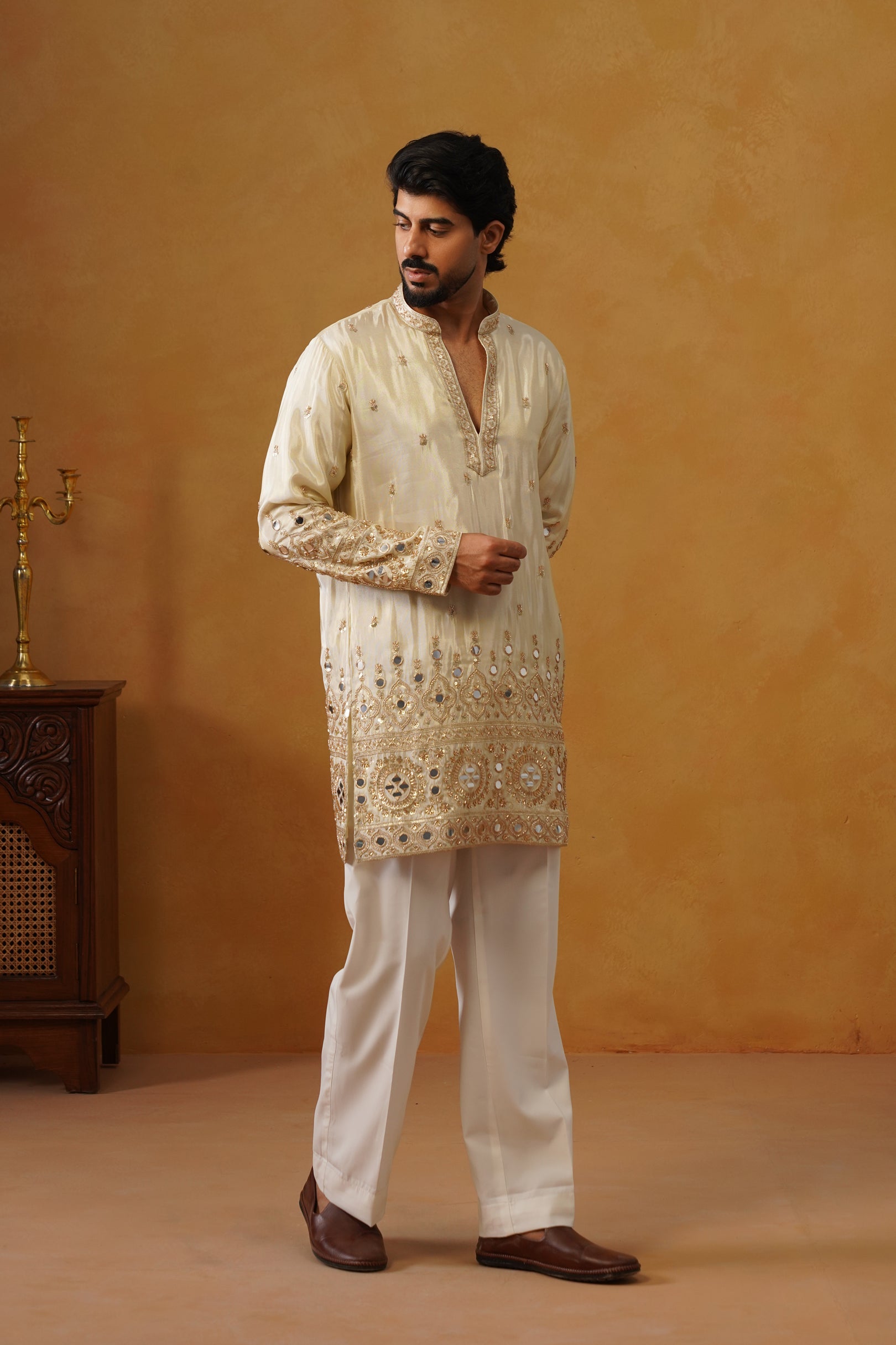 Noor-e-Taj Ivory Mirror Work Kurta with Trouser & Dupatta