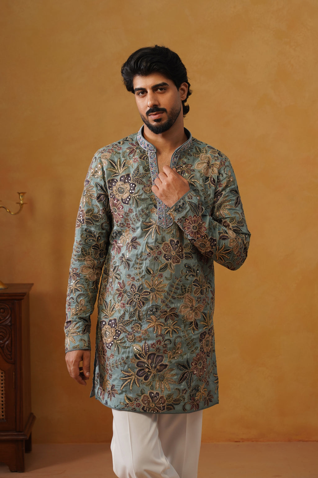 Neelofar Sage Blue Hand Embroidered V-Neck Kurta with Trouser