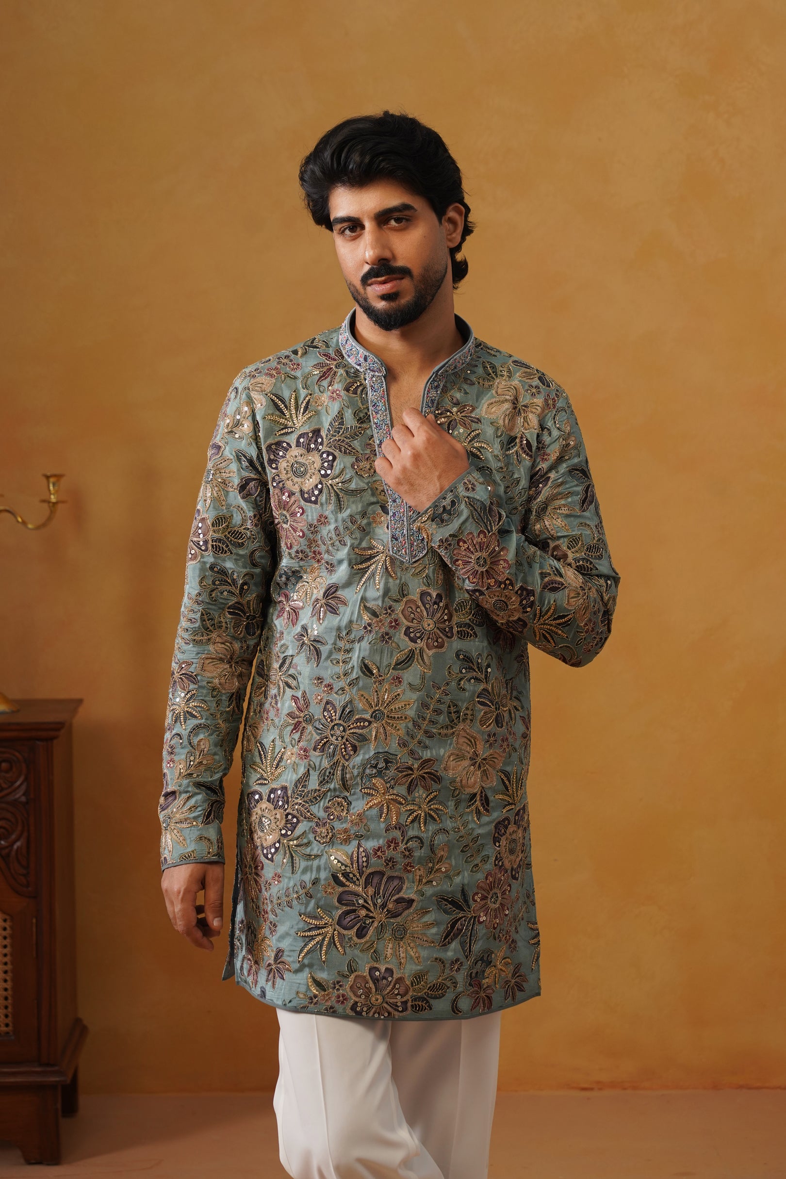 Neelofar Sage Blue Hand Embroidered V-Neck Kurta with Trouser