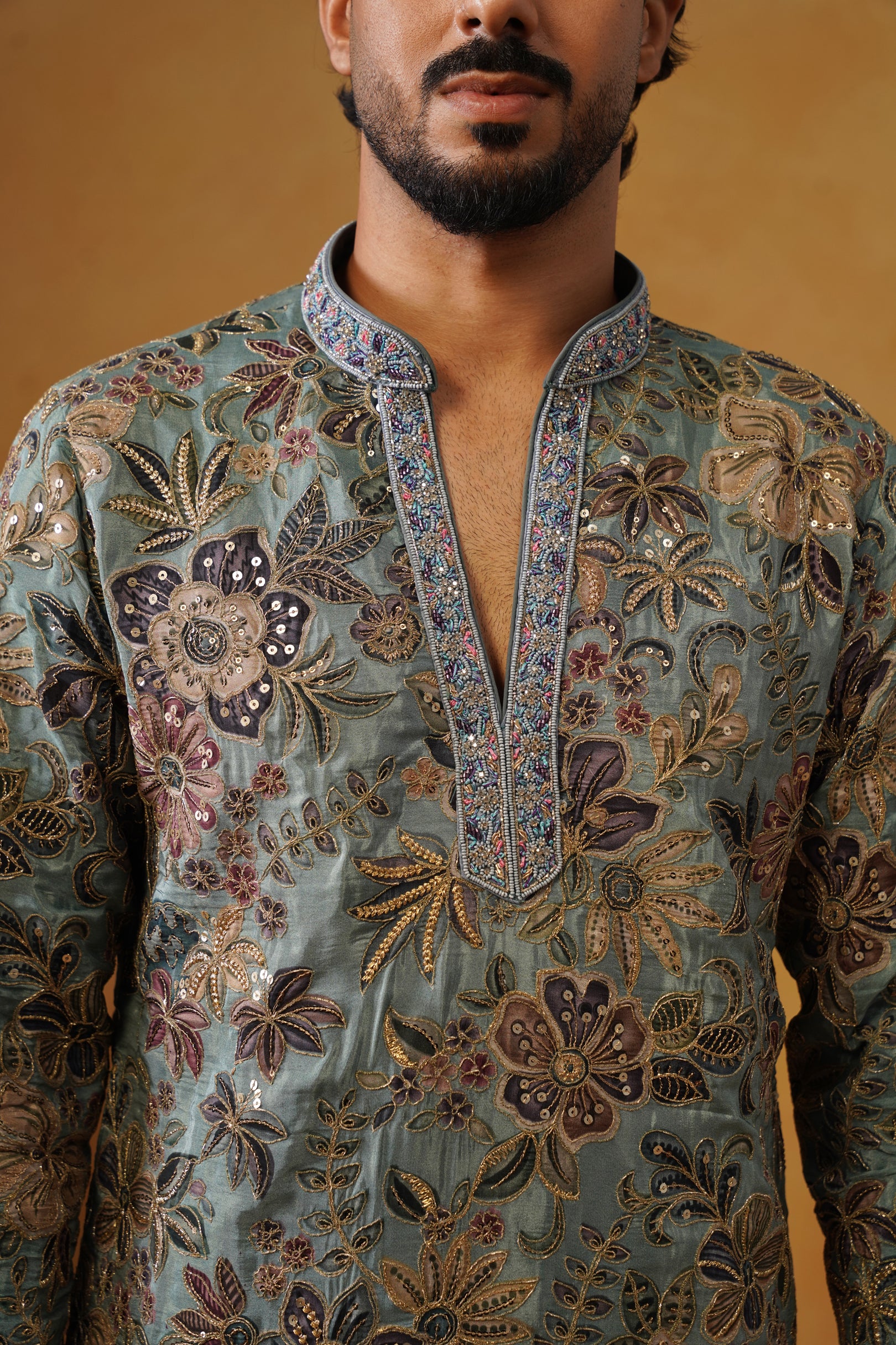 Neelofar Sage Blue Hand Embroidered V-Neck Kurta with Trouser