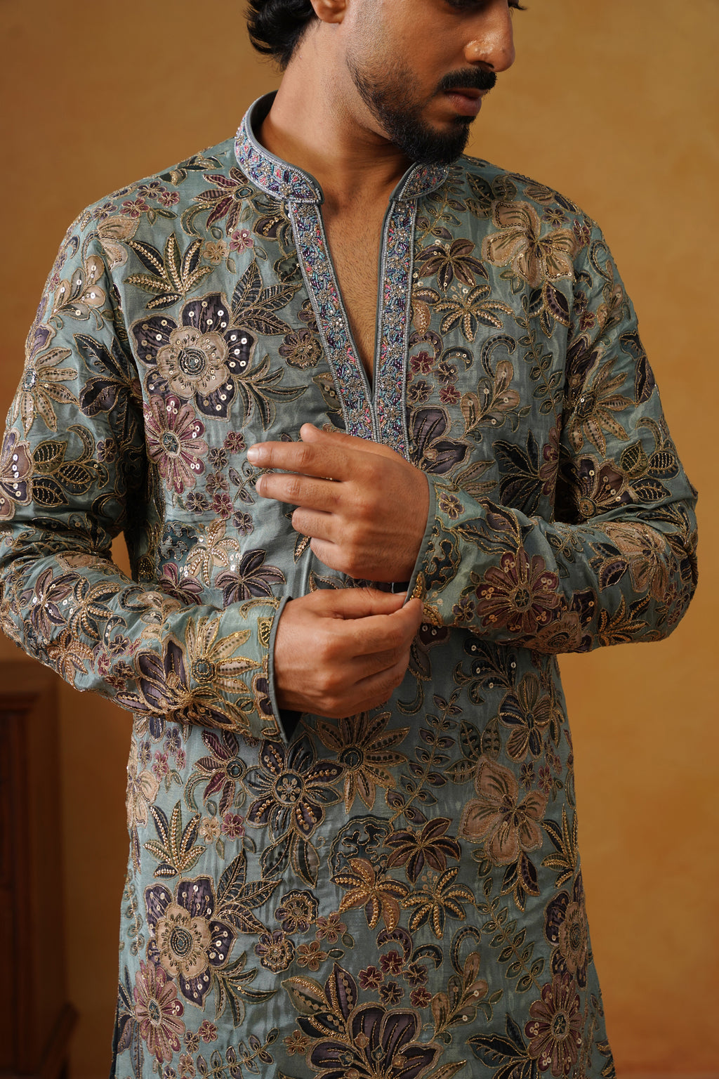 Neelofar Sage Blue Hand Embroidered V-Neck Kurta with Trouser