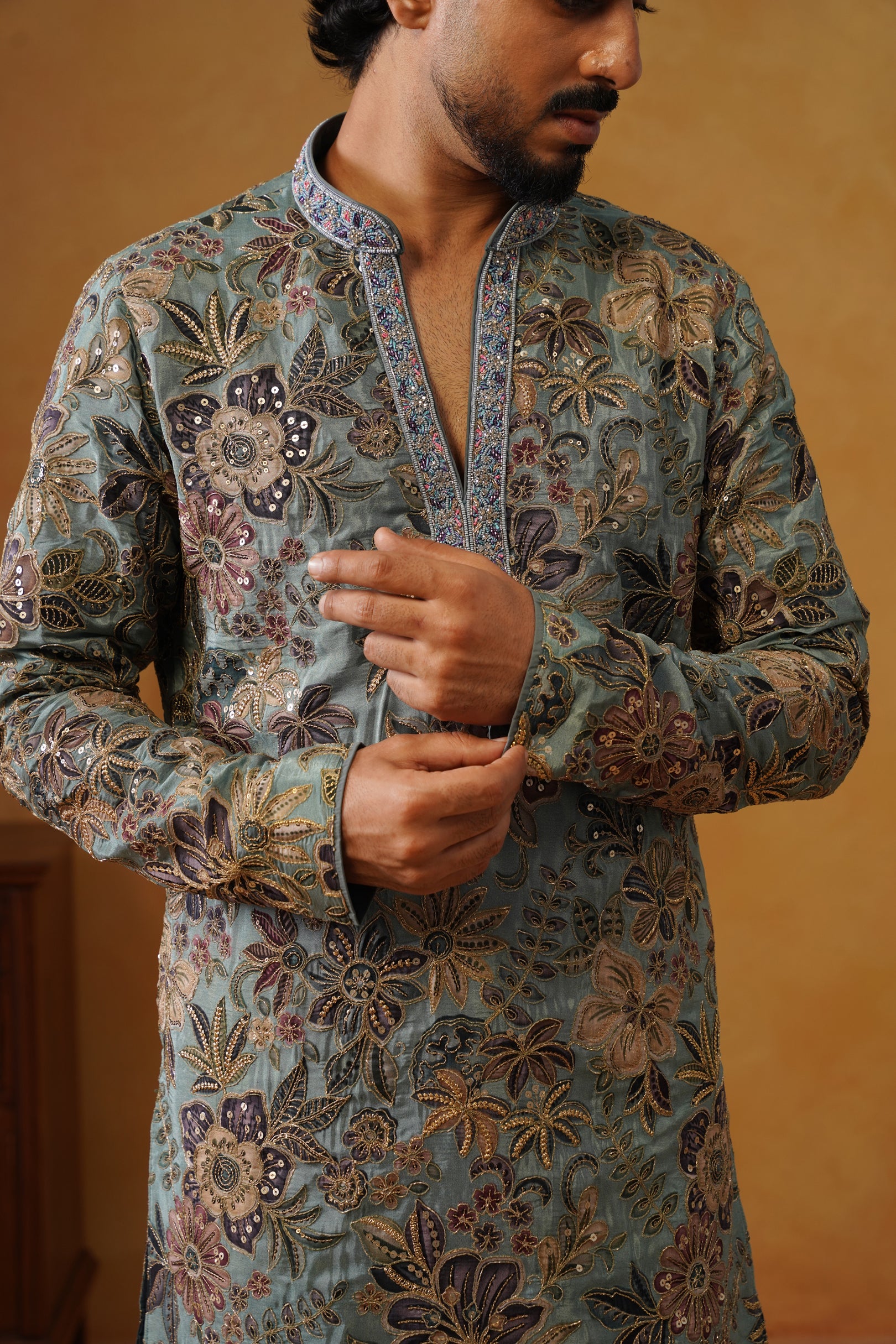 Neelofar Sage Blue Hand Embroidered V-Neck Kurta with Trouser