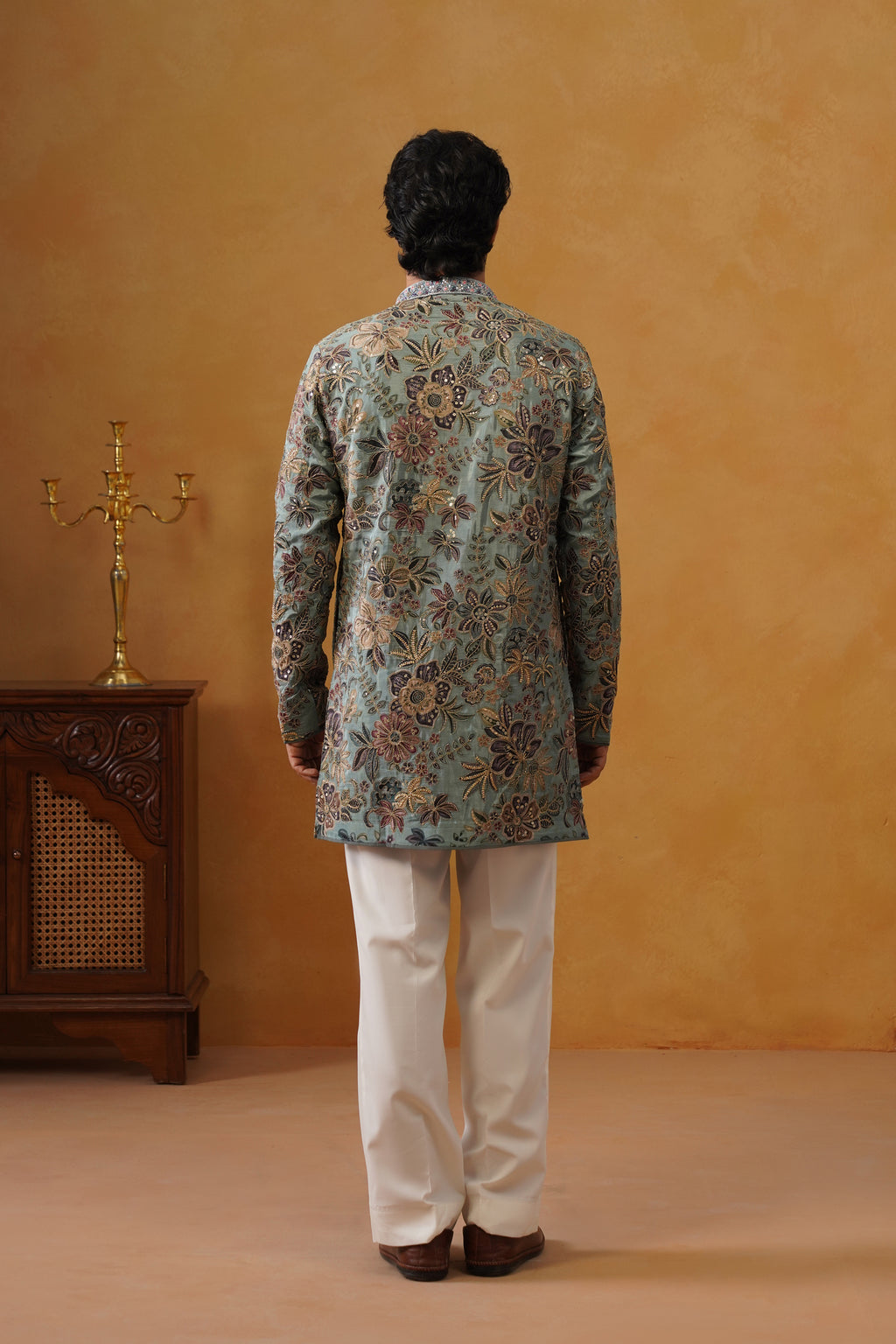 Neelofar Sage Blue Hand Embroidered V-Neck Kurta with Trouser