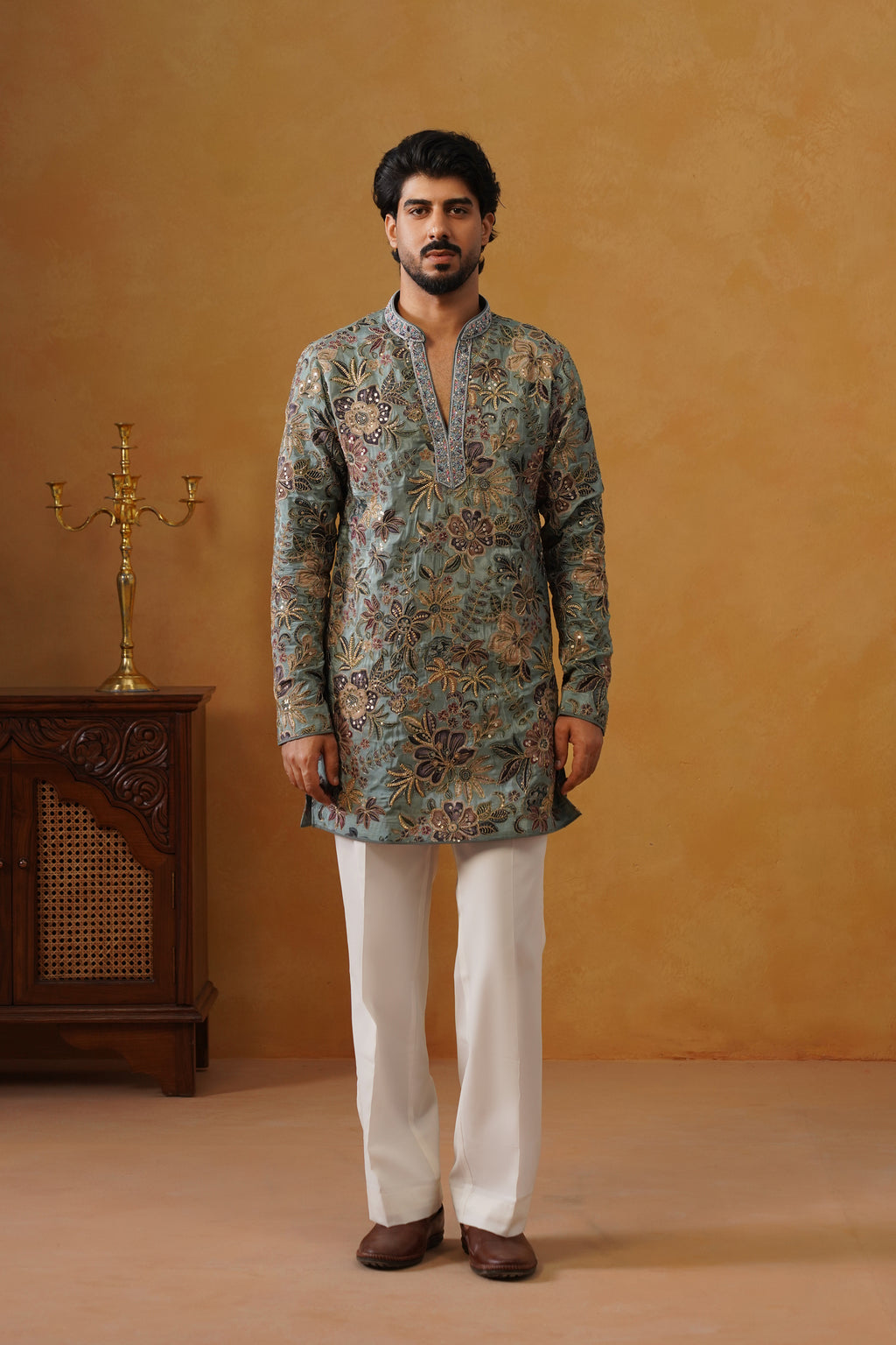 Neelofar Sage Blue Hand Embroidered V-Neck Kurta with Trouser