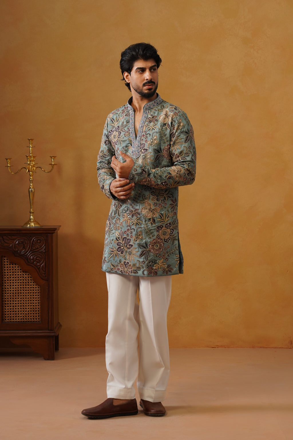 Neelofar Sage Blue Hand Embroidered V-Neck Kurta with Trouser