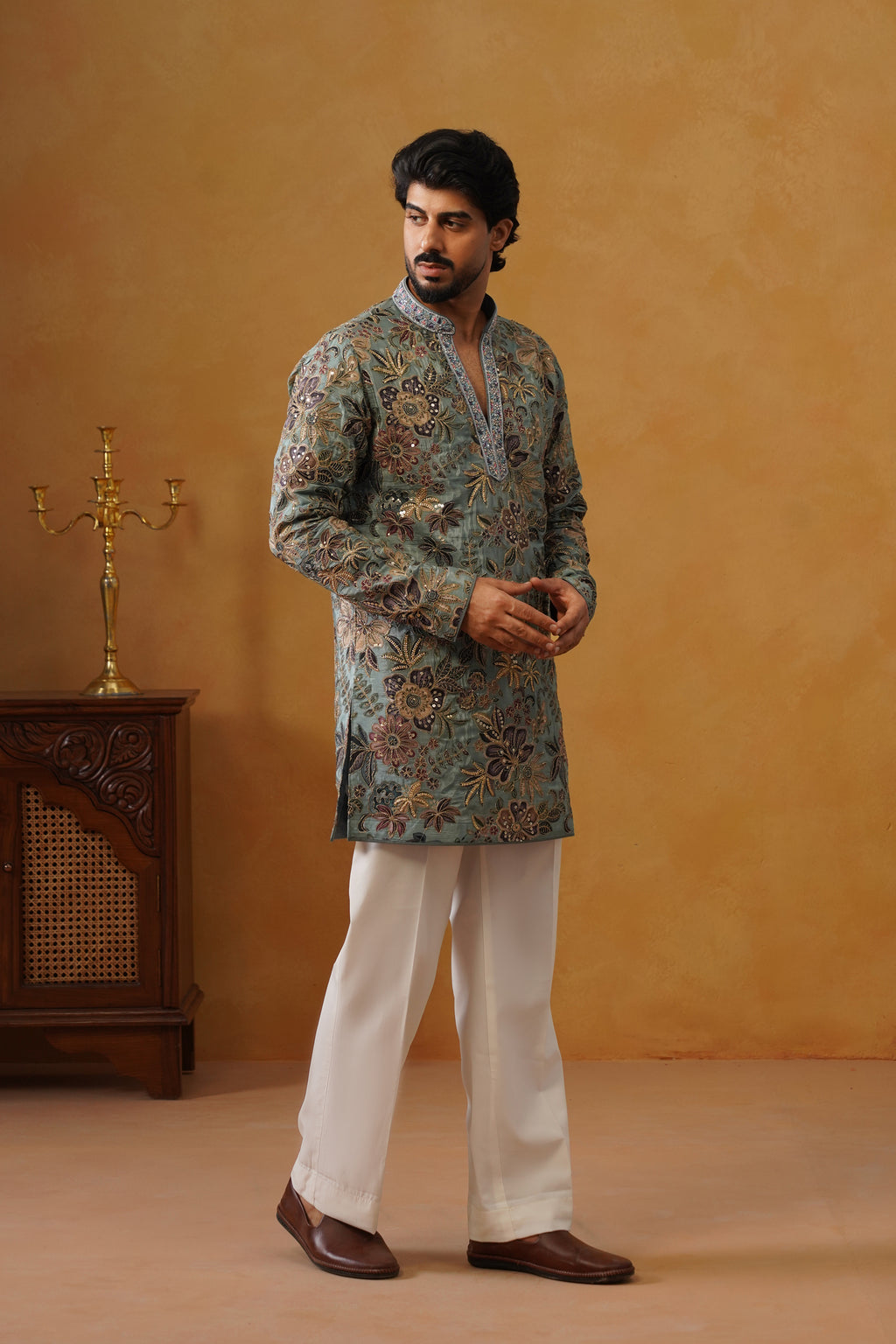 Neelofar Sage Blue Hand Embroidered V-Neck Kurta with Trouser