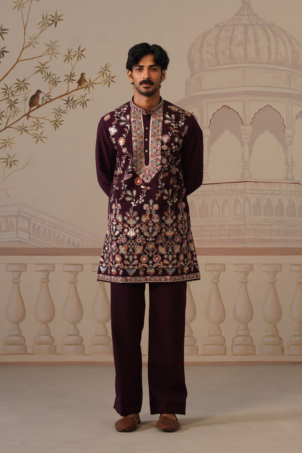 Rangrez Wine Embroidered Floral Kurta with Trouser