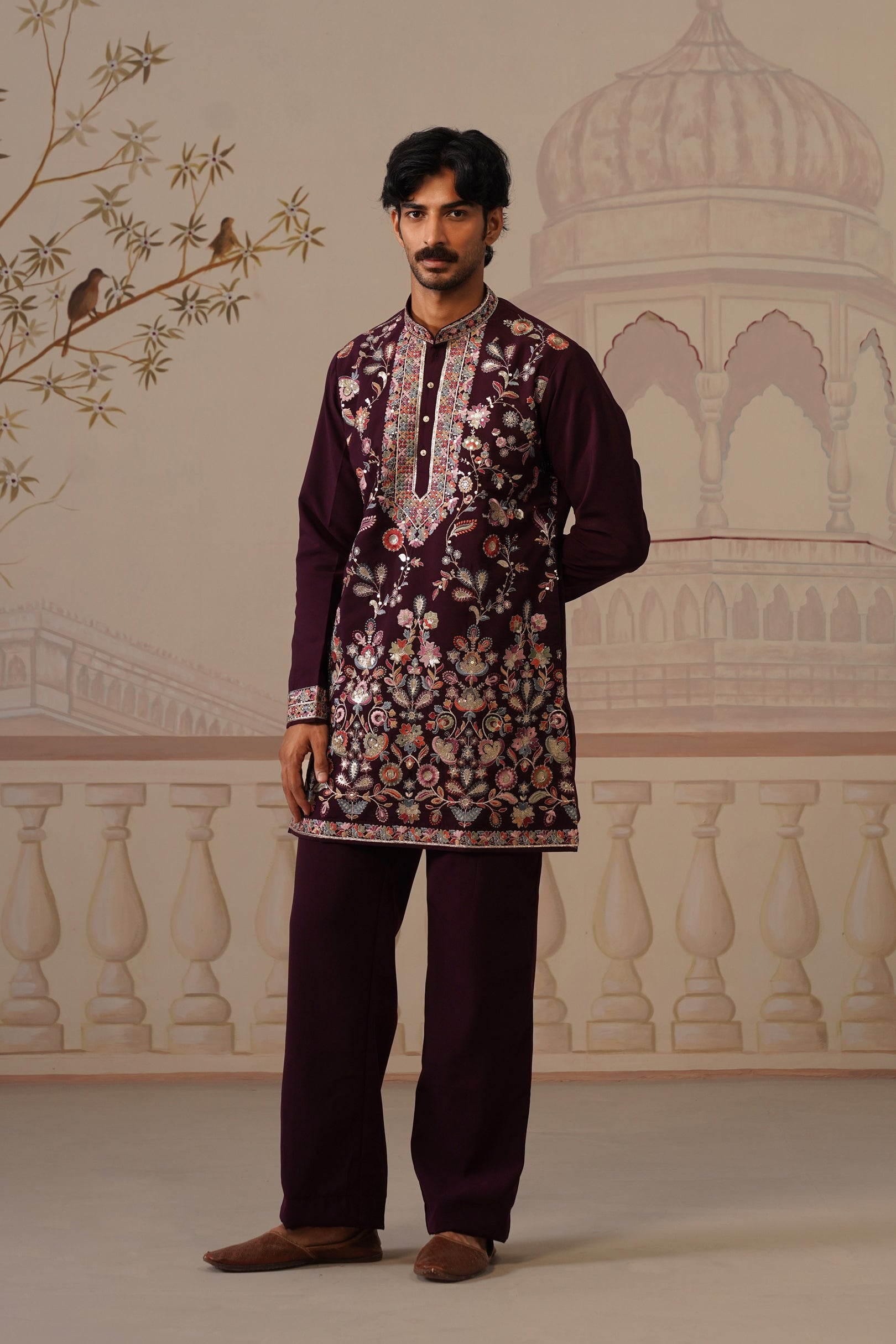 Rangrez Wine Embroidered Floral Kurta with Trouser