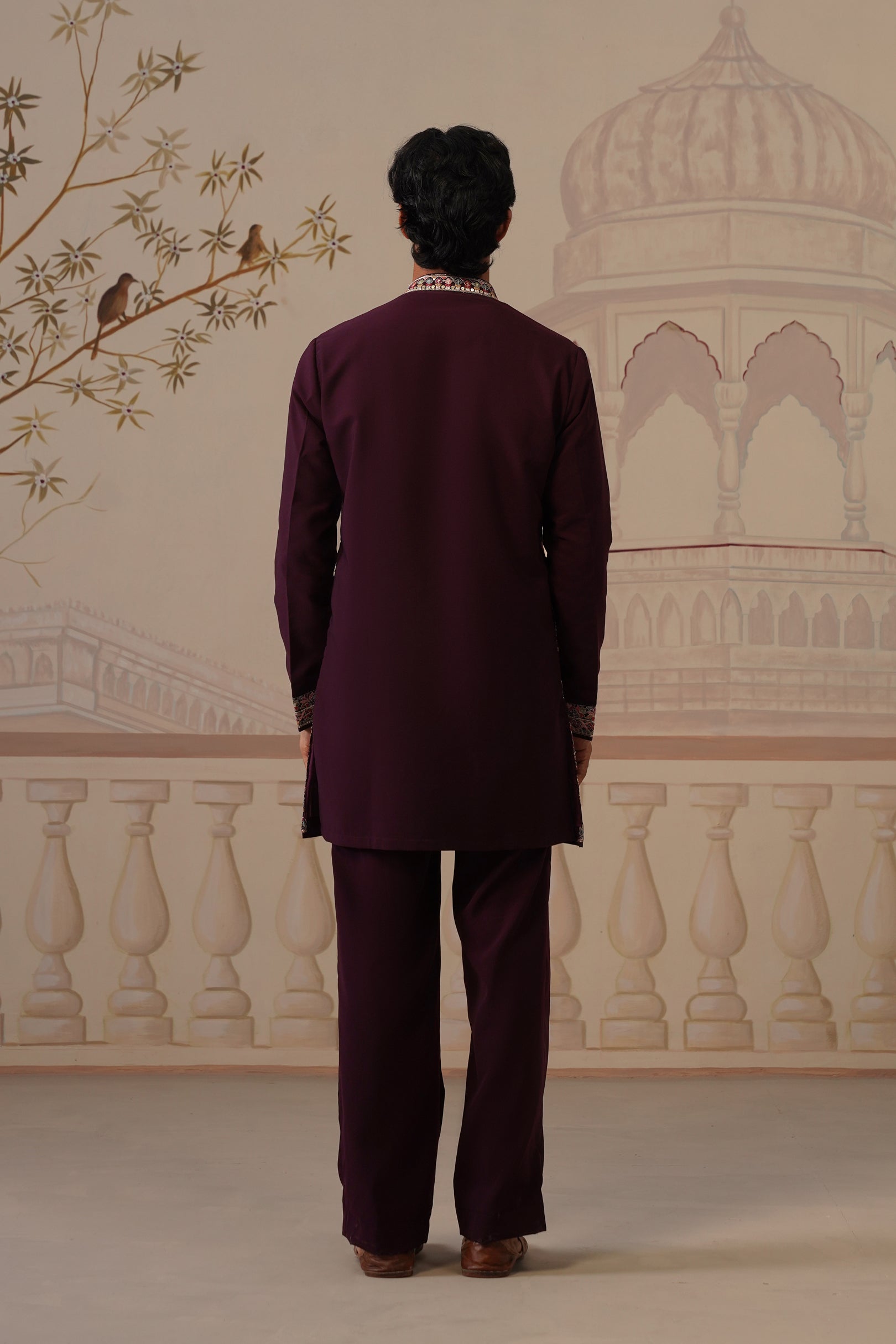 Rangrez Wine Embroidered Floral Kurta with Trouser