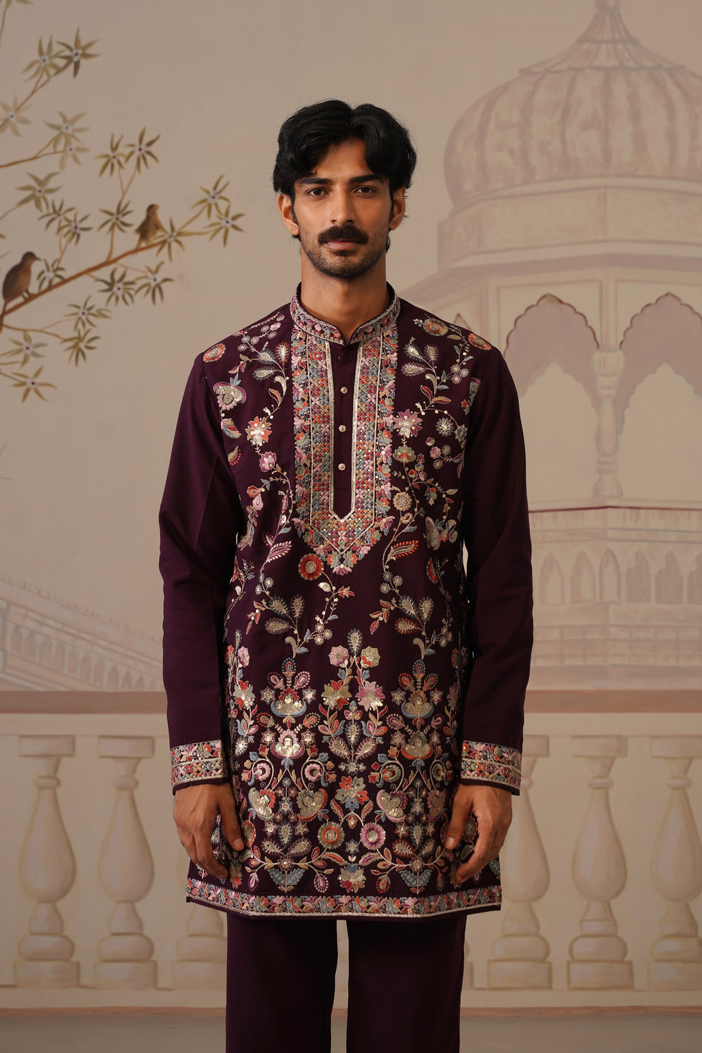 Rangrez Wine Embroidered Floral Kurta with Trouser