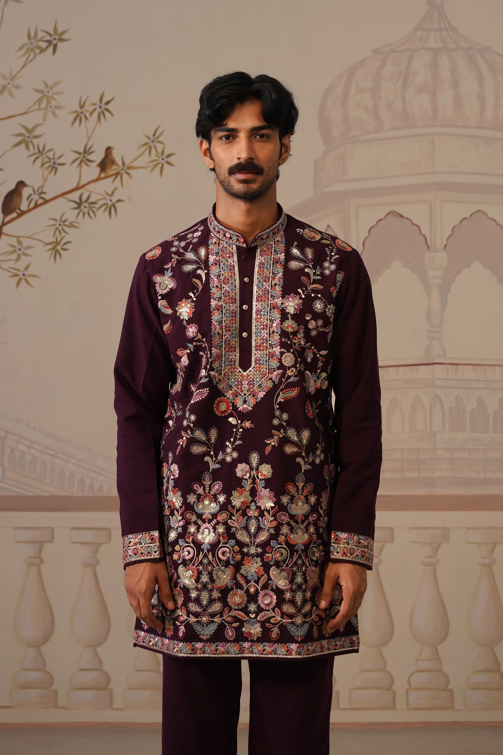 Rangrez Wine Embroidered Floral Kurta with Trouser