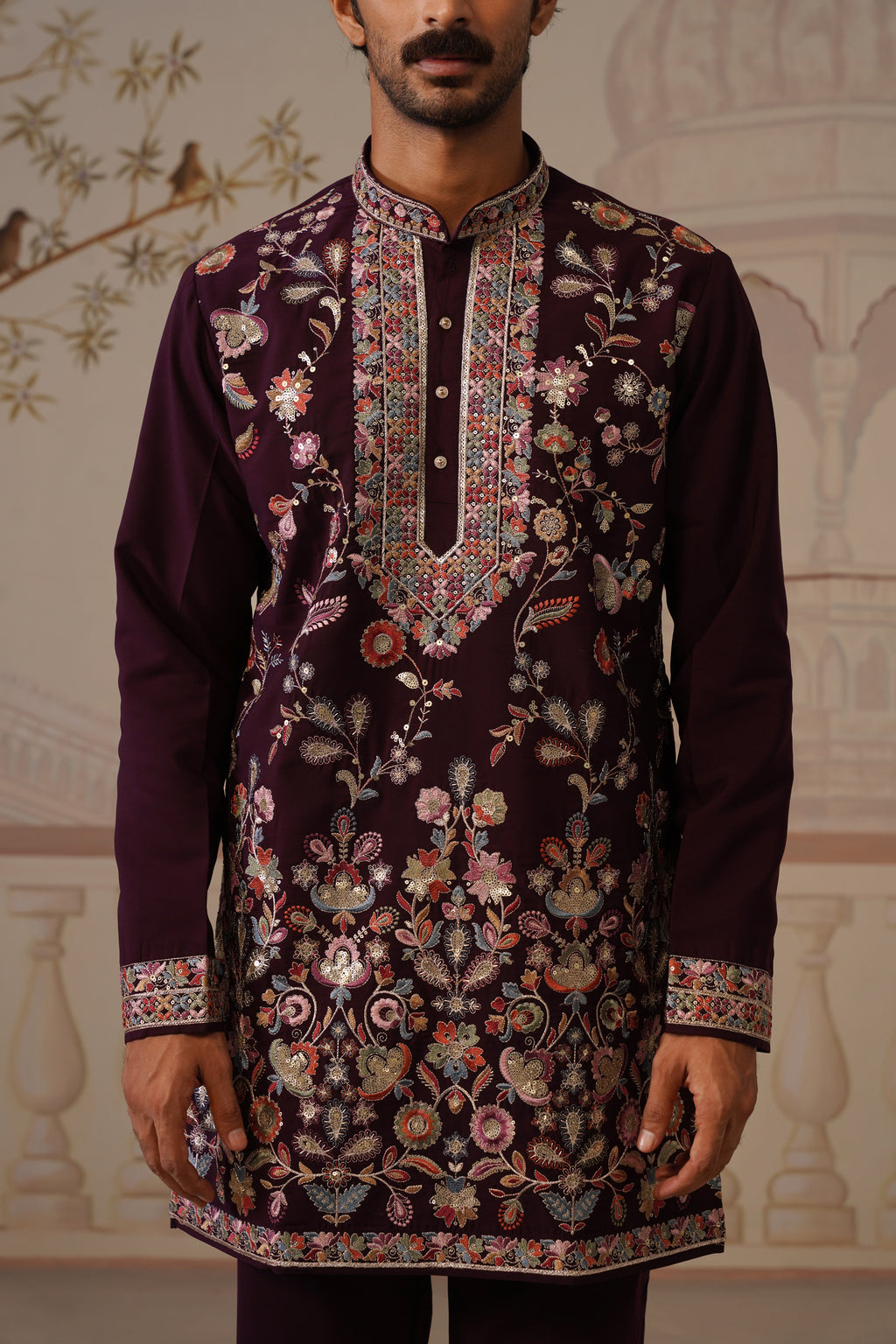 Rangrez Wine Embroidered Floral Kurta with Trouser