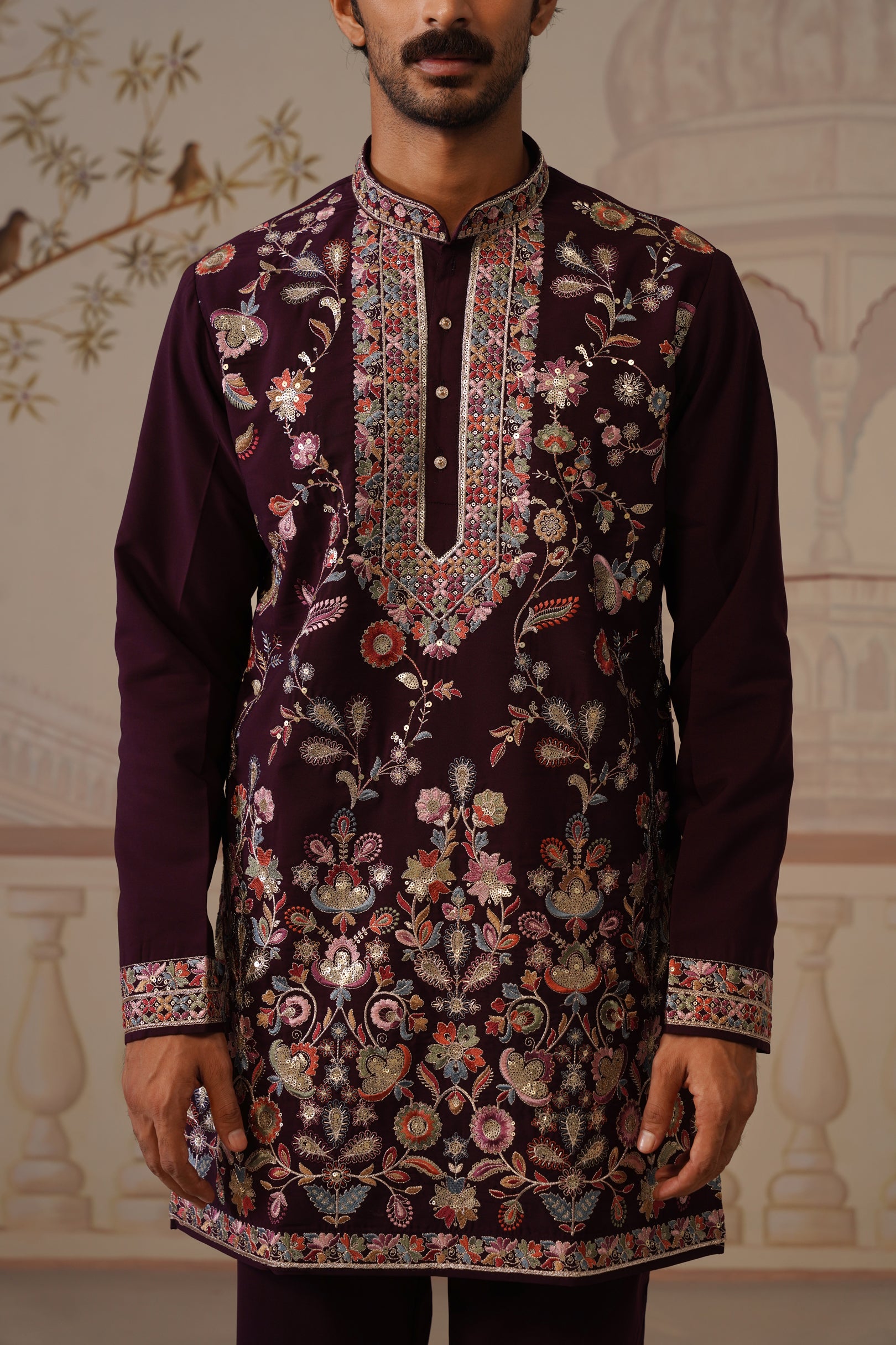 Rangrez Wine Embroidered Floral Kurta with Trouser