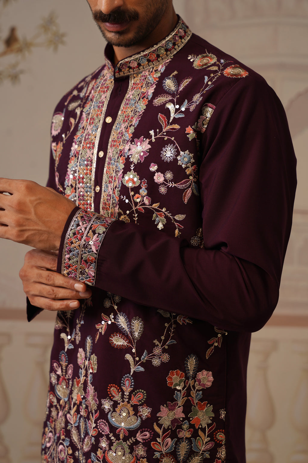 Rangrez Wine Embroidered Floral Kurta with Trouser