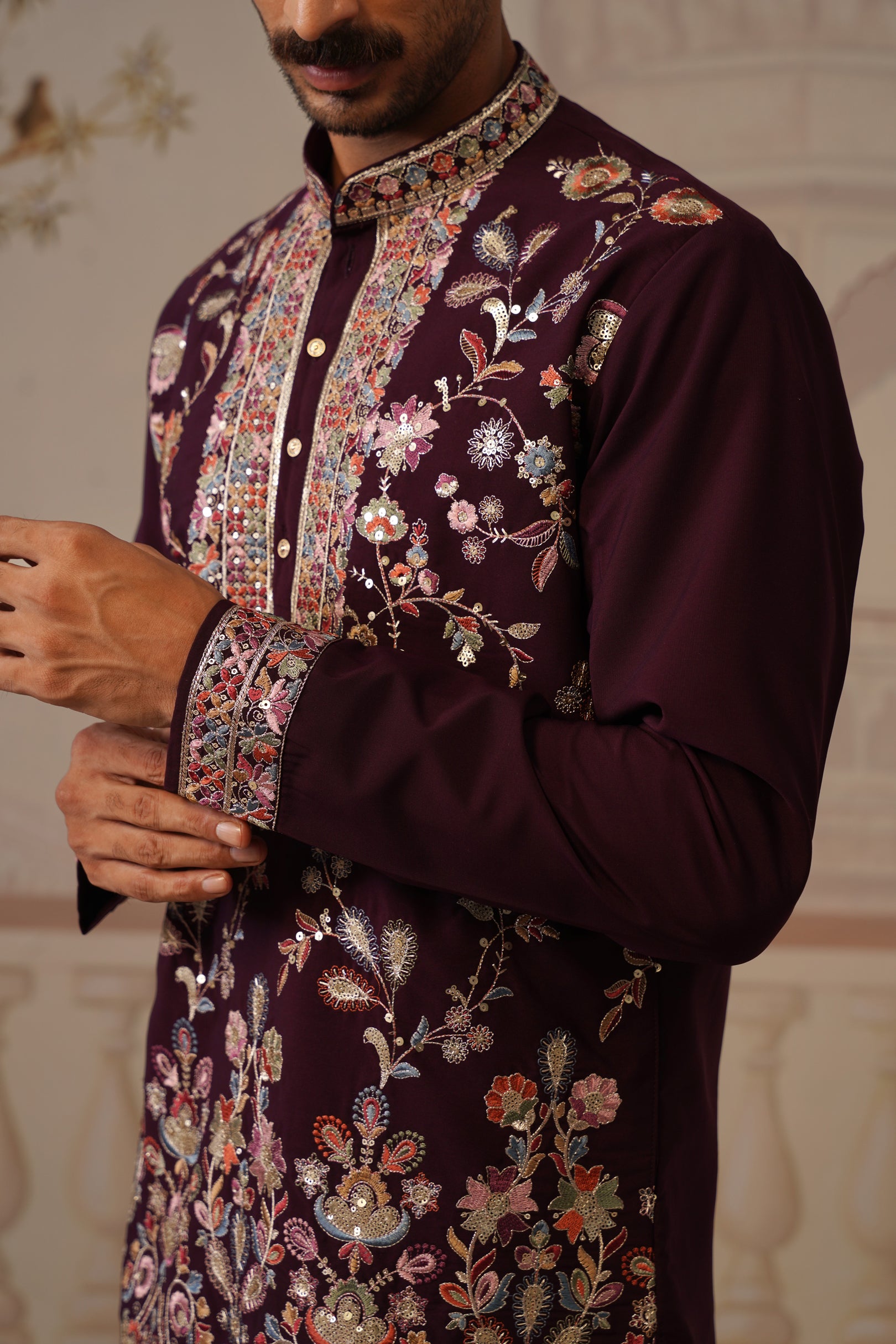 Rangrez Wine Embroidered Floral Kurta with Trouser