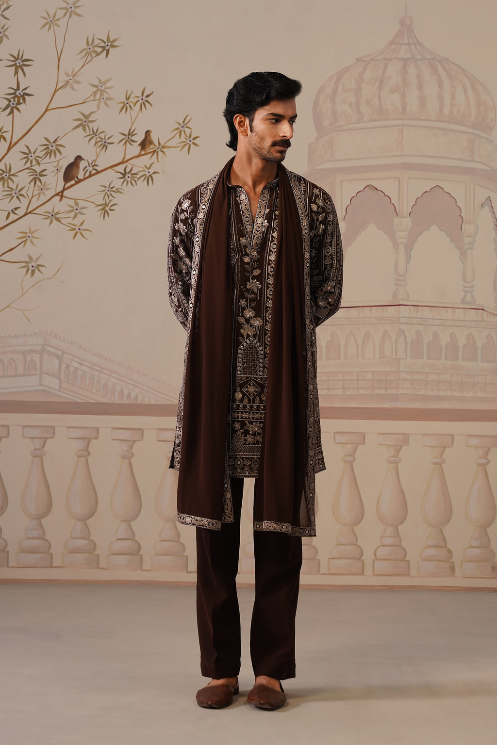 Nawab Rich Brown Embroidered Kurta Set with V-Neck Placket & Dupatta