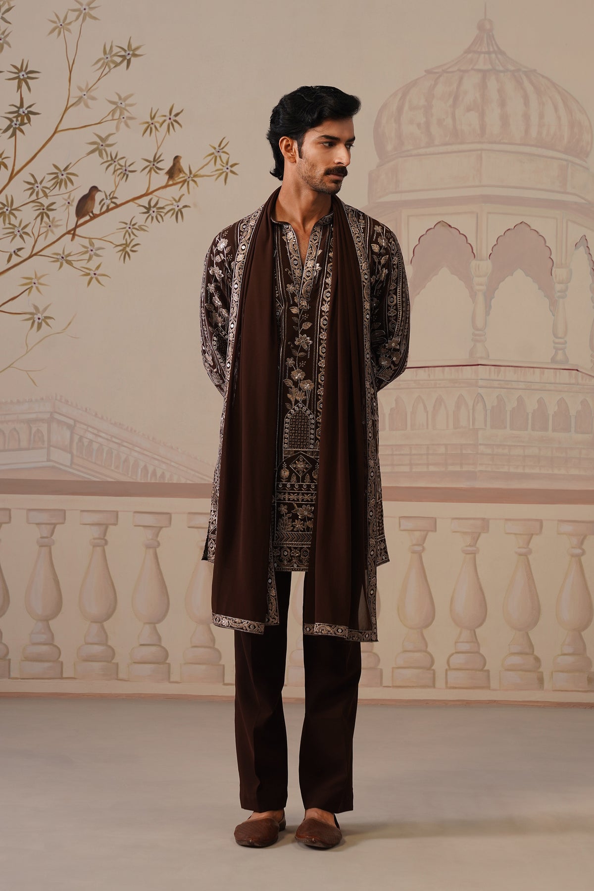 Nawab Rich Brown Embroidered Kurta Set with V-Neck Placket & Dupatta