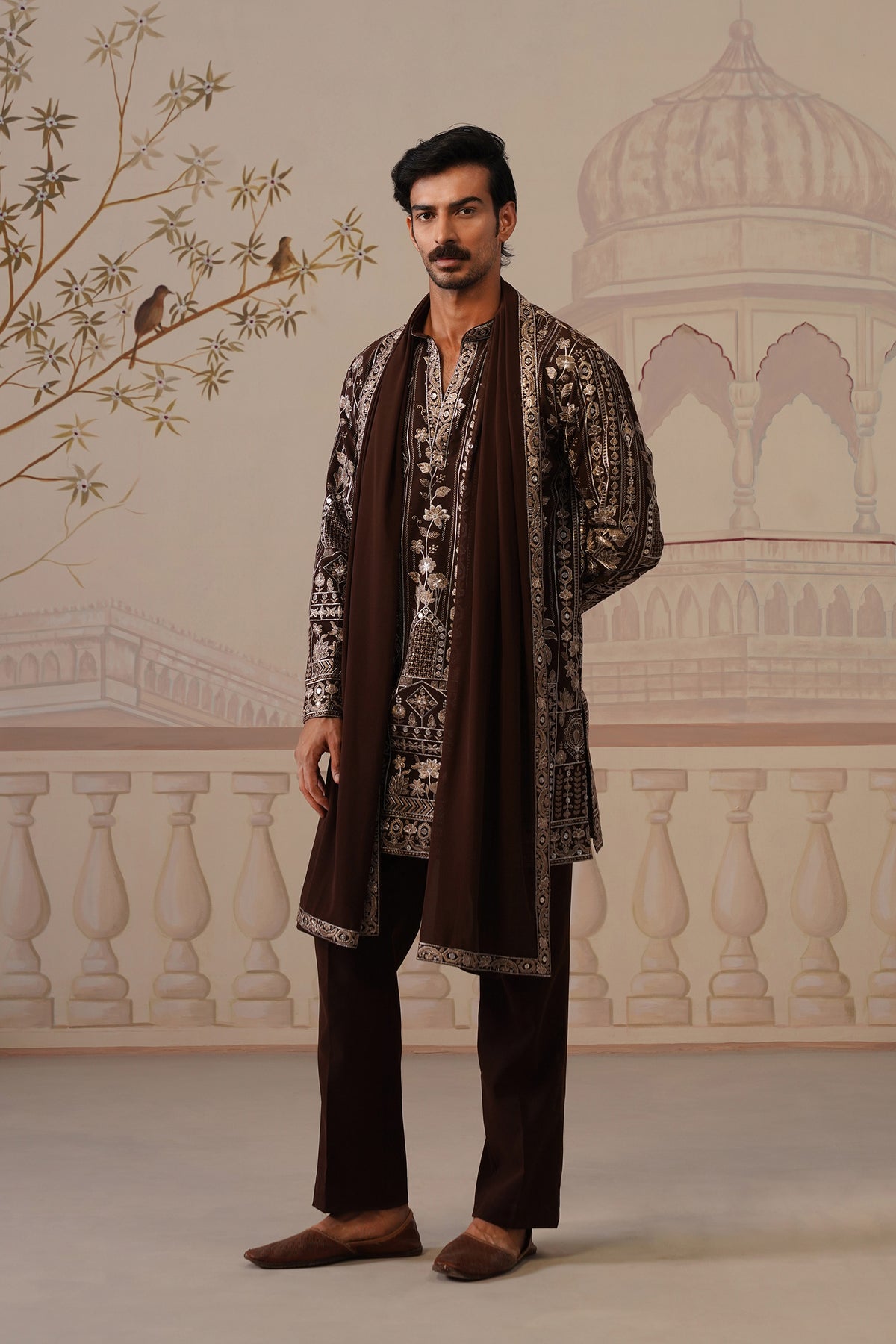 Nawab Rich Brown Embroidered Kurta Set with V-Neck Placket & Dupatta