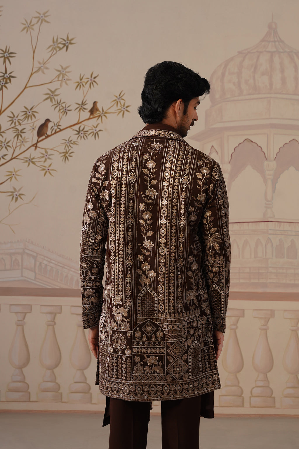 Nawab Rich Brown Embroidered Kurta Set with V-Neck Placket & Dupatta