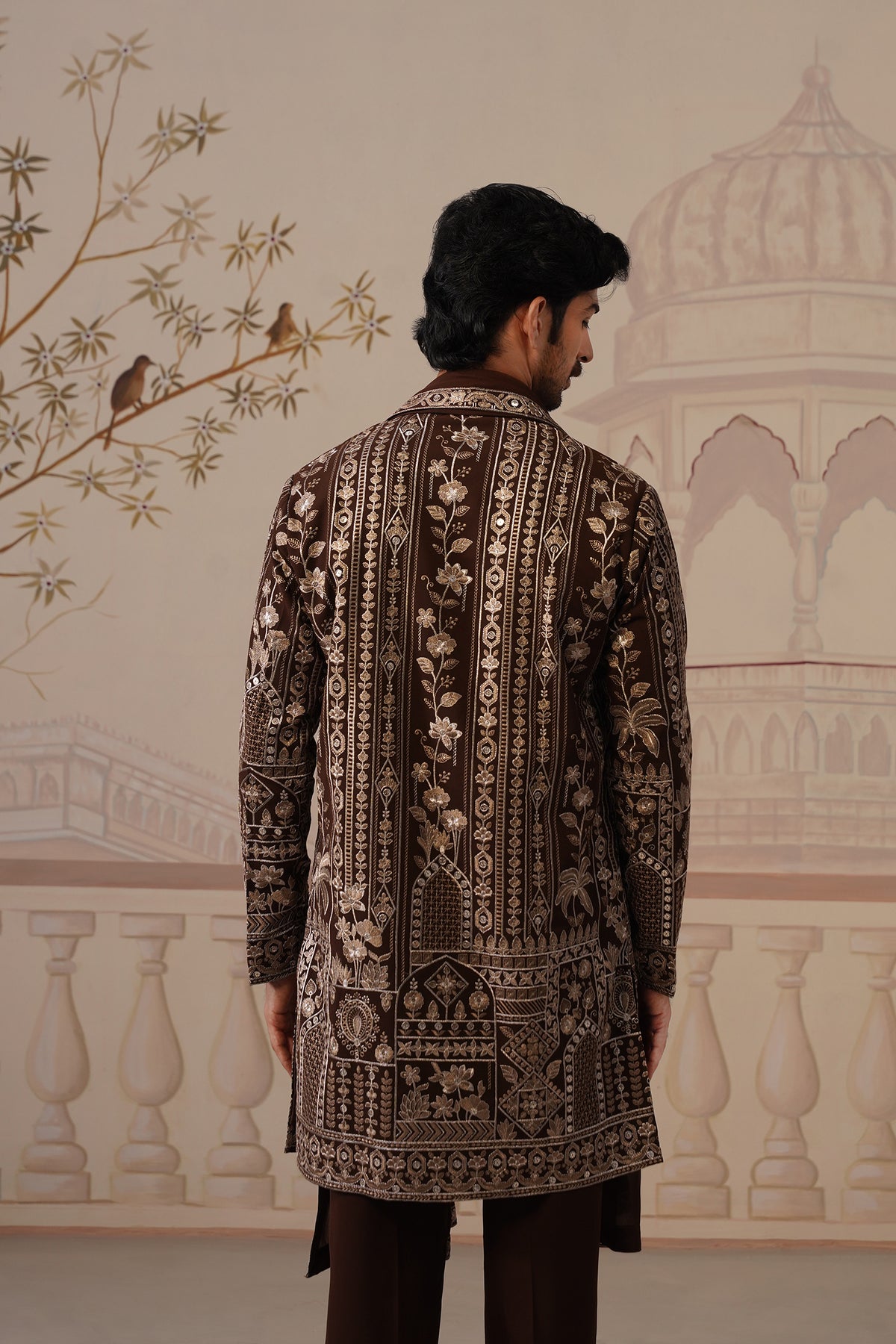 Nawab Rich Brown Embroidered Kurta Set with V-Neck Placket & Dupatta
