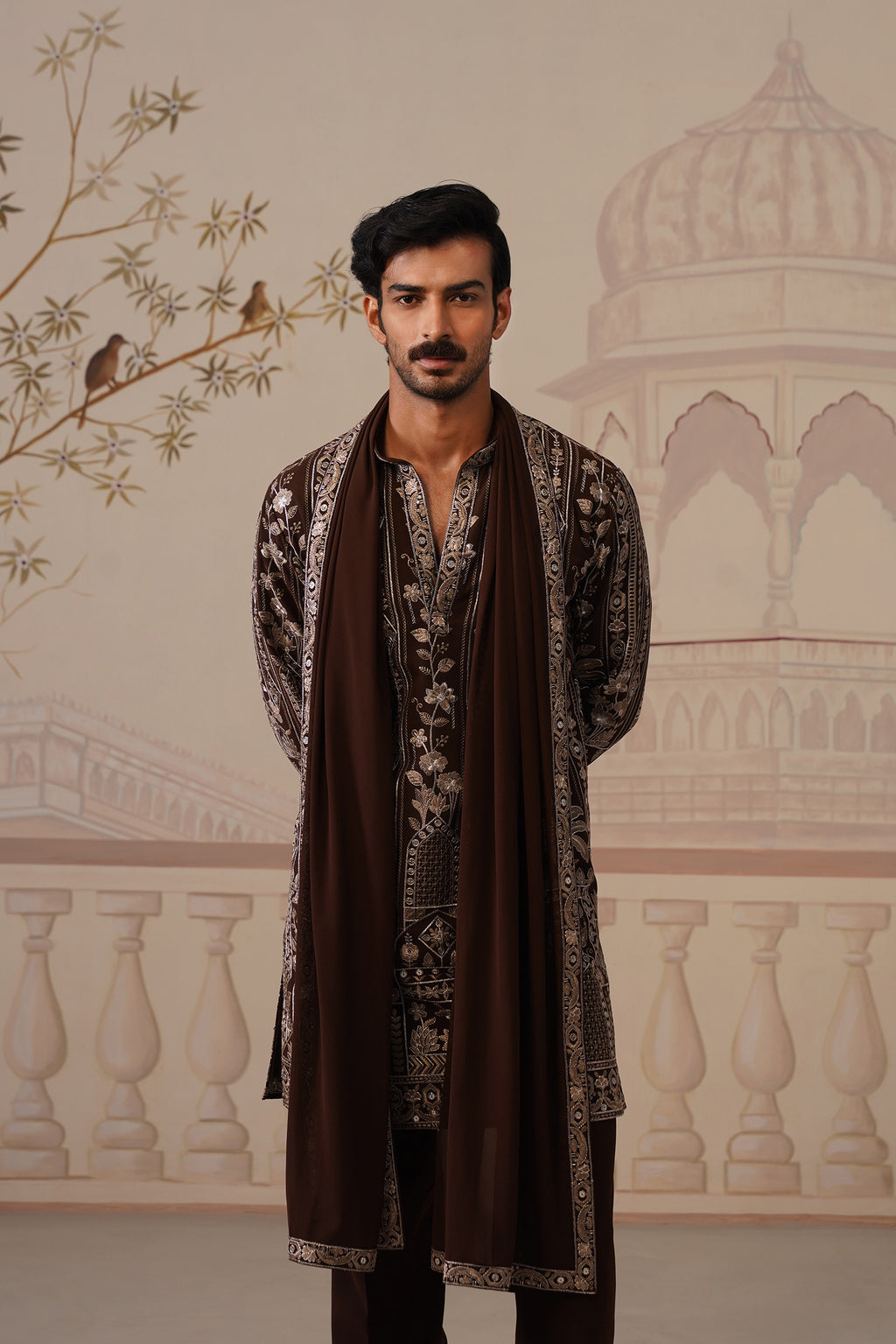 Nawab Rich Brown Embroidered Kurta Set with V-Neck Placket & Dupatta