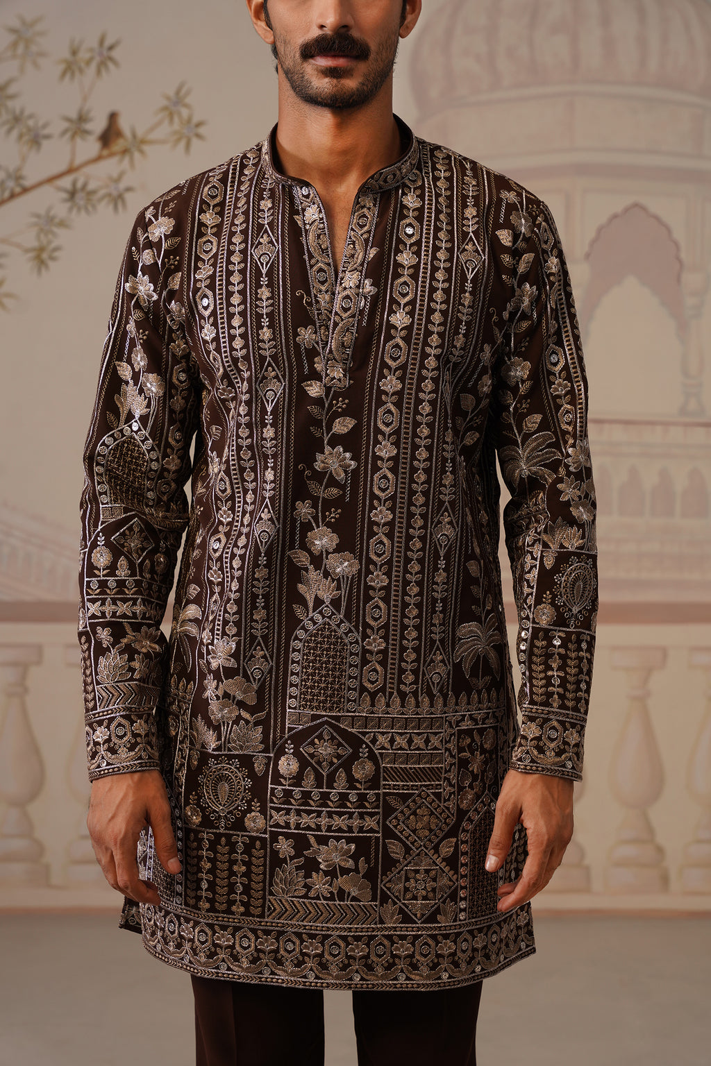 Nawab Rich Brown Embroidered Kurta Set with V-Neck Placket & Dupatta