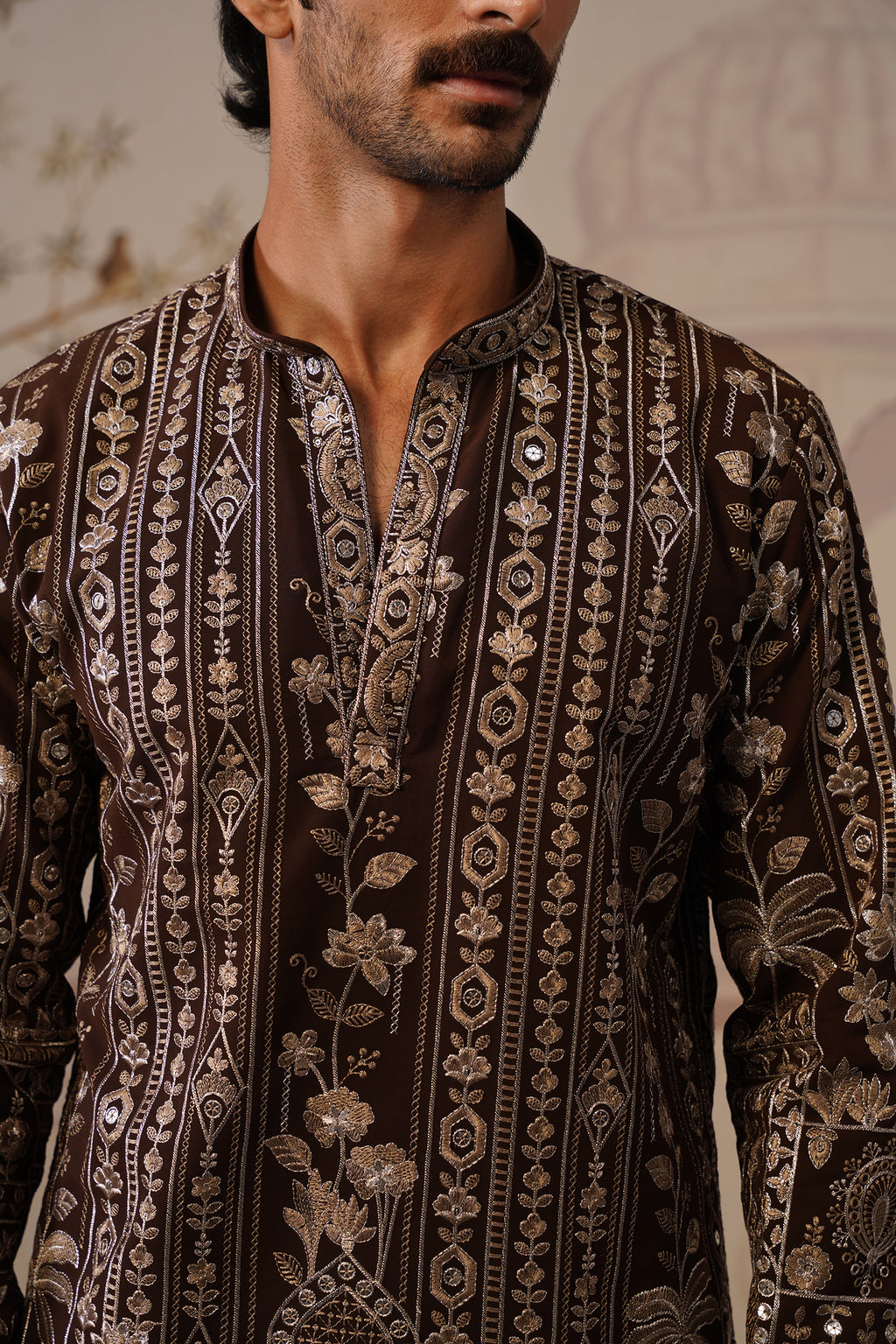 Nawab Rich Brown Embroidered Kurta Set with V-Neck Placket & Dupatta