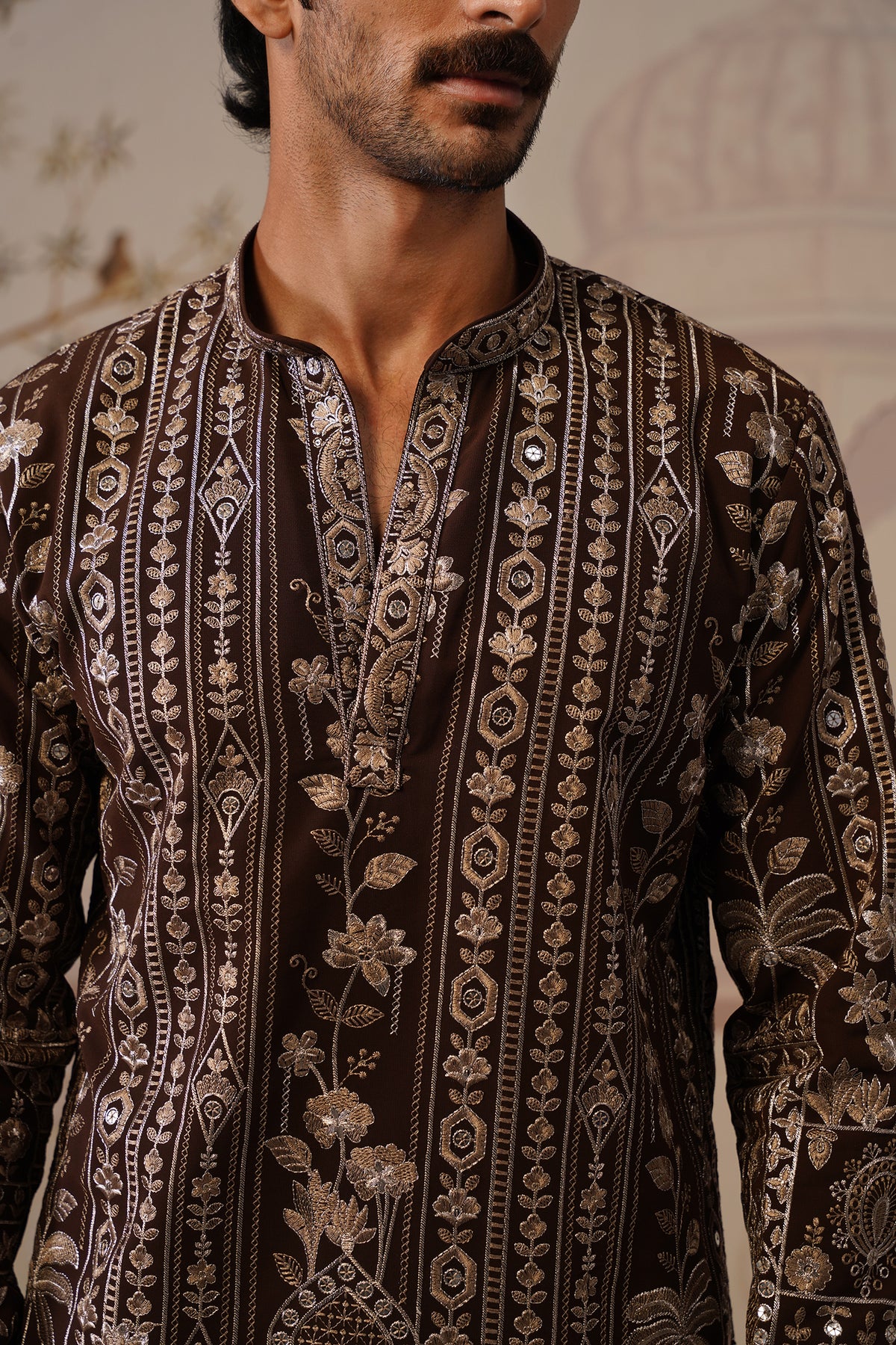 Nawab Rich Brown Embroidered Kurta Set with V-Neck Placket & Dupatta
