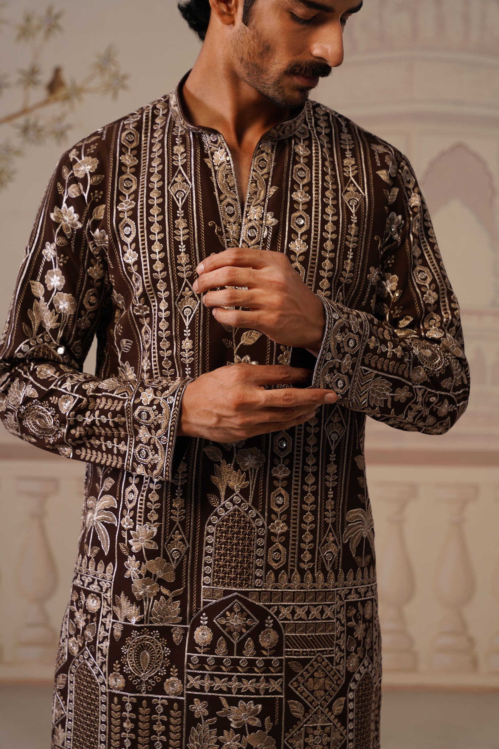 Nawab Rich Brown Embroidered Kurta Set with V-Neck Placket & Dupatta