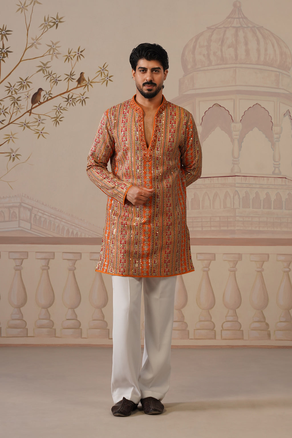 Rang Mahal Rust Orange Hand Embroidered V-Neck Kurta Set