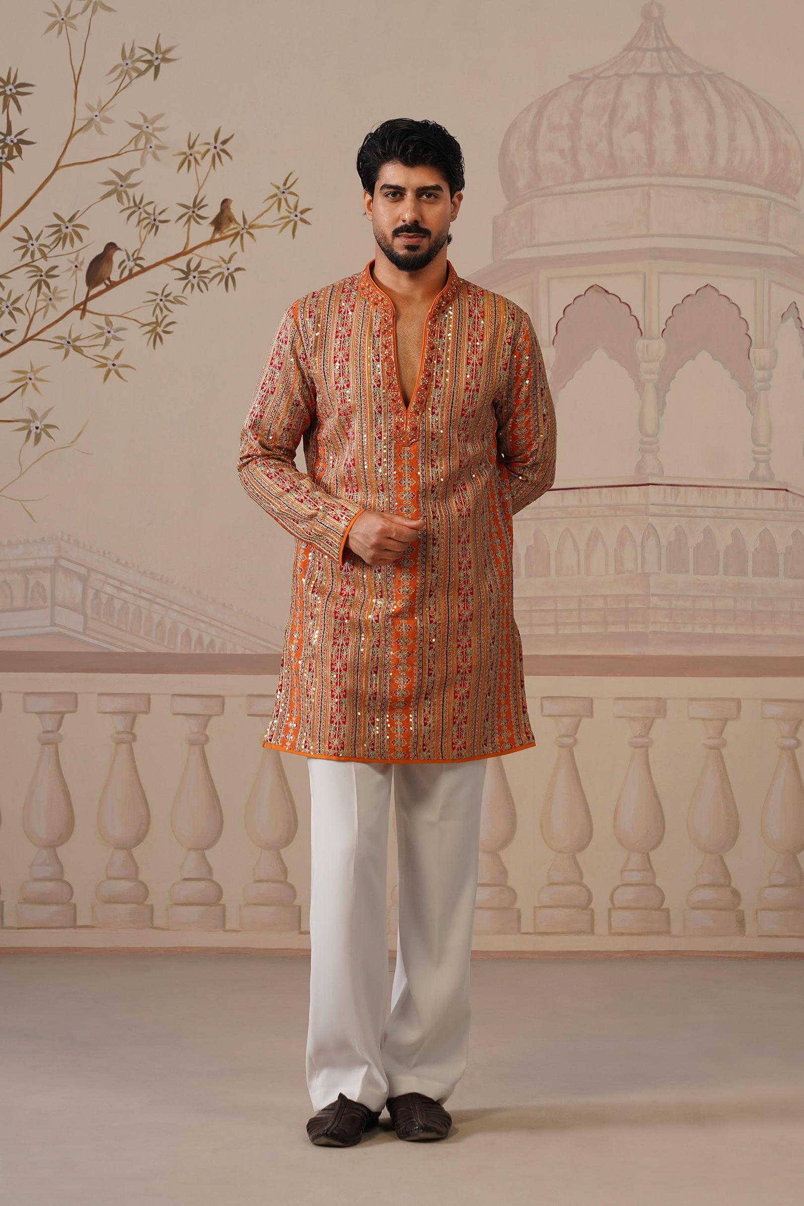 Rang Mahal Rust Orange Hand Embroidered V-Neck Kurta Set