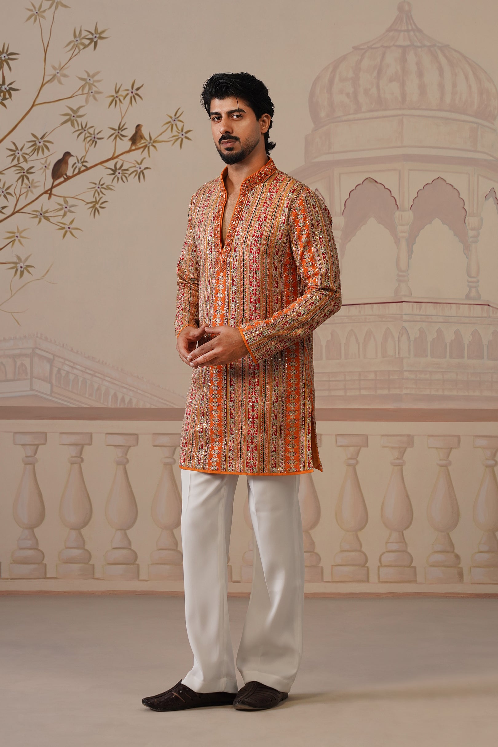 Rang Mahal Rust Orange Hand Embroidered V-Neck Kurta Set