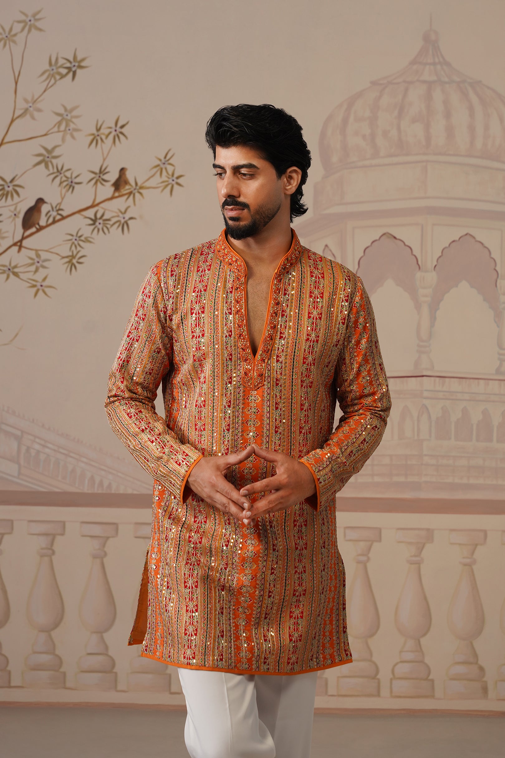 Rang Mahal Rust Orange Hand Embroidered V-Neck Kurta Set