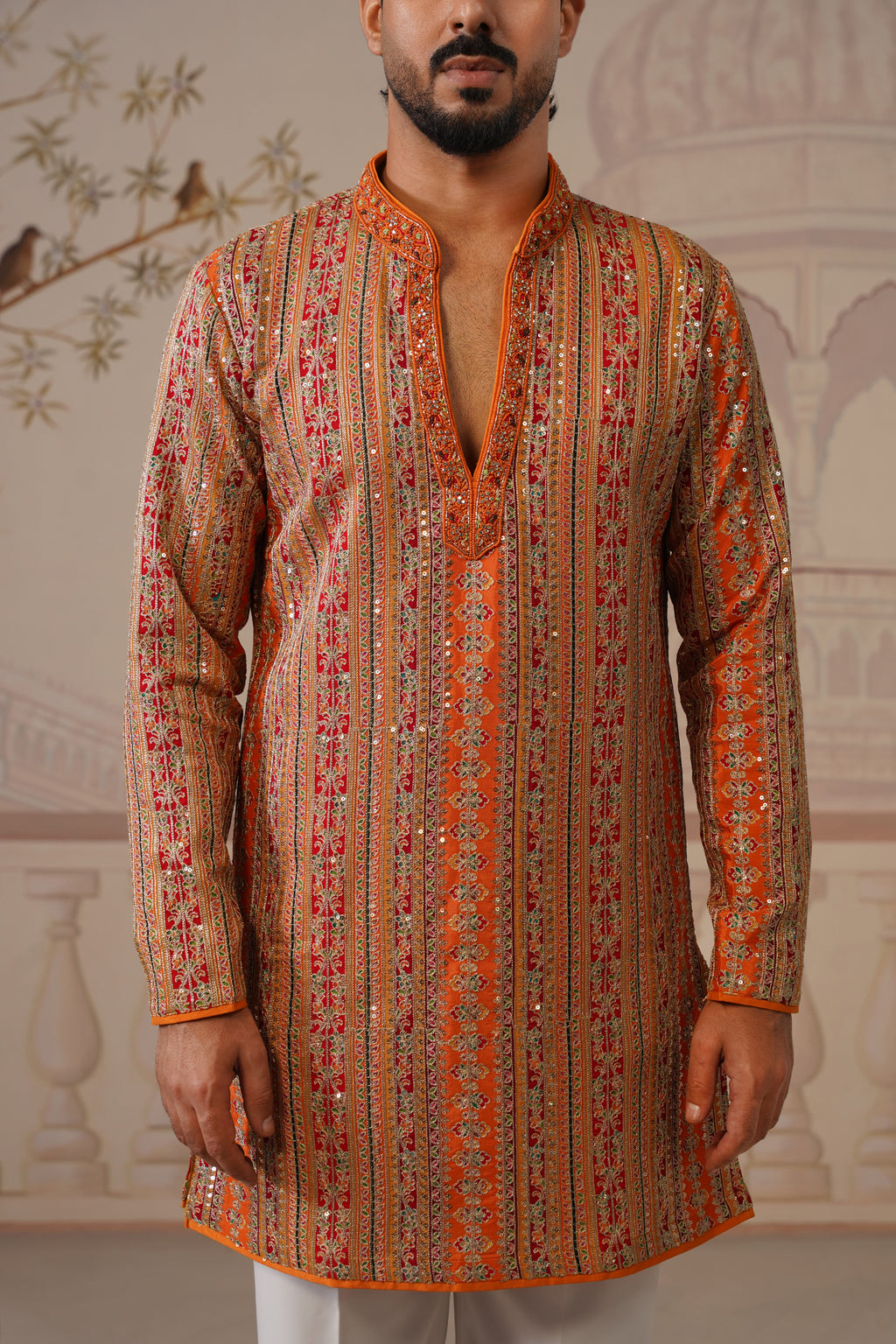 Rang Mahal Rust Orange Hand Embroidered V-Neck Kurta Set