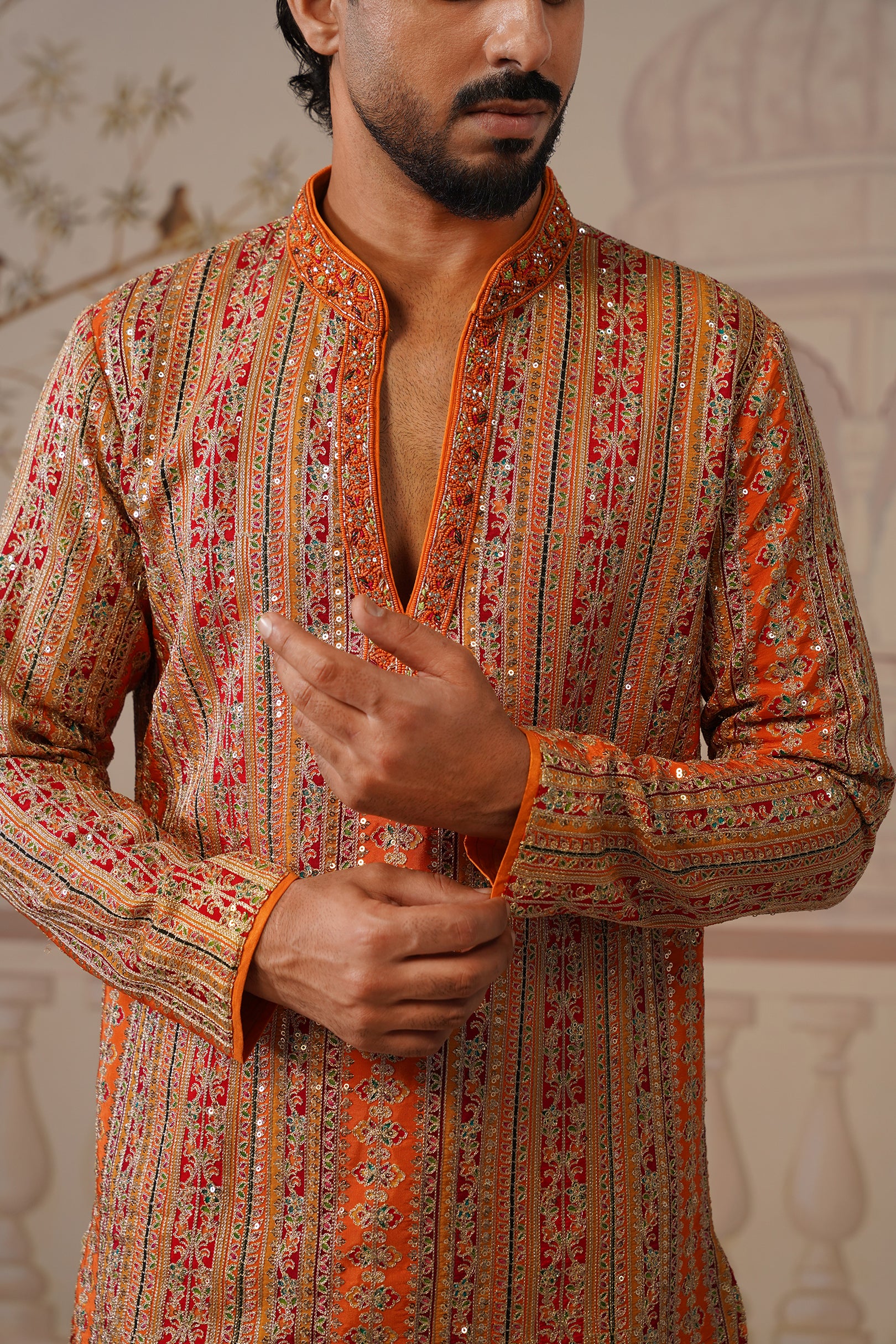 Rang Mahal Rust Orange Hand Embroidered V-Neck Kurta Set