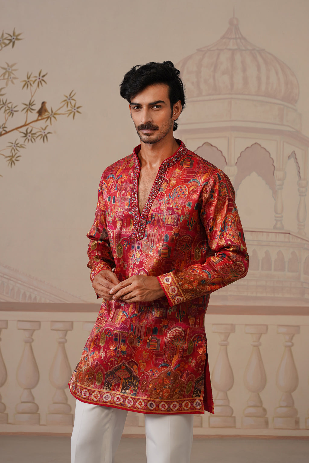 Tej Jacquard Hand Embroidered V-Neck Kurta with Trouser
