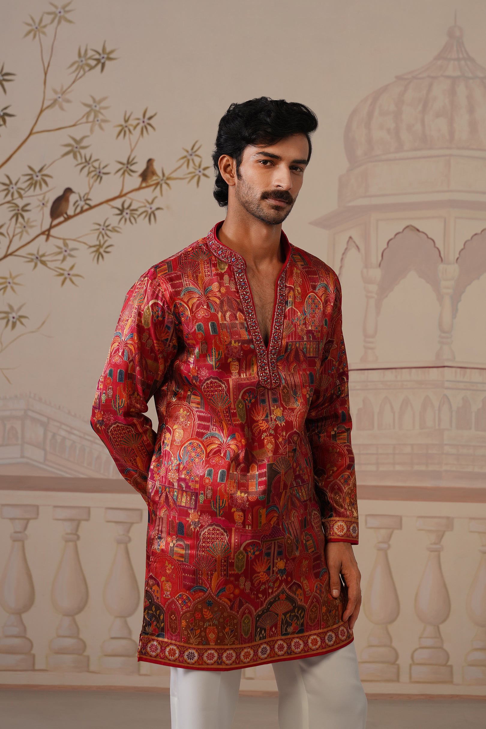 Tej Jacquard Hand Embroidered V-Neck Kurta with Trouser