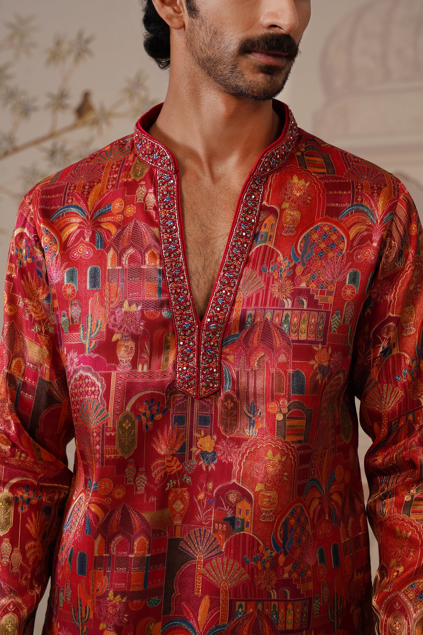 Tej Jacquard Hand Embroidered V-Neck Kurta with Trouser