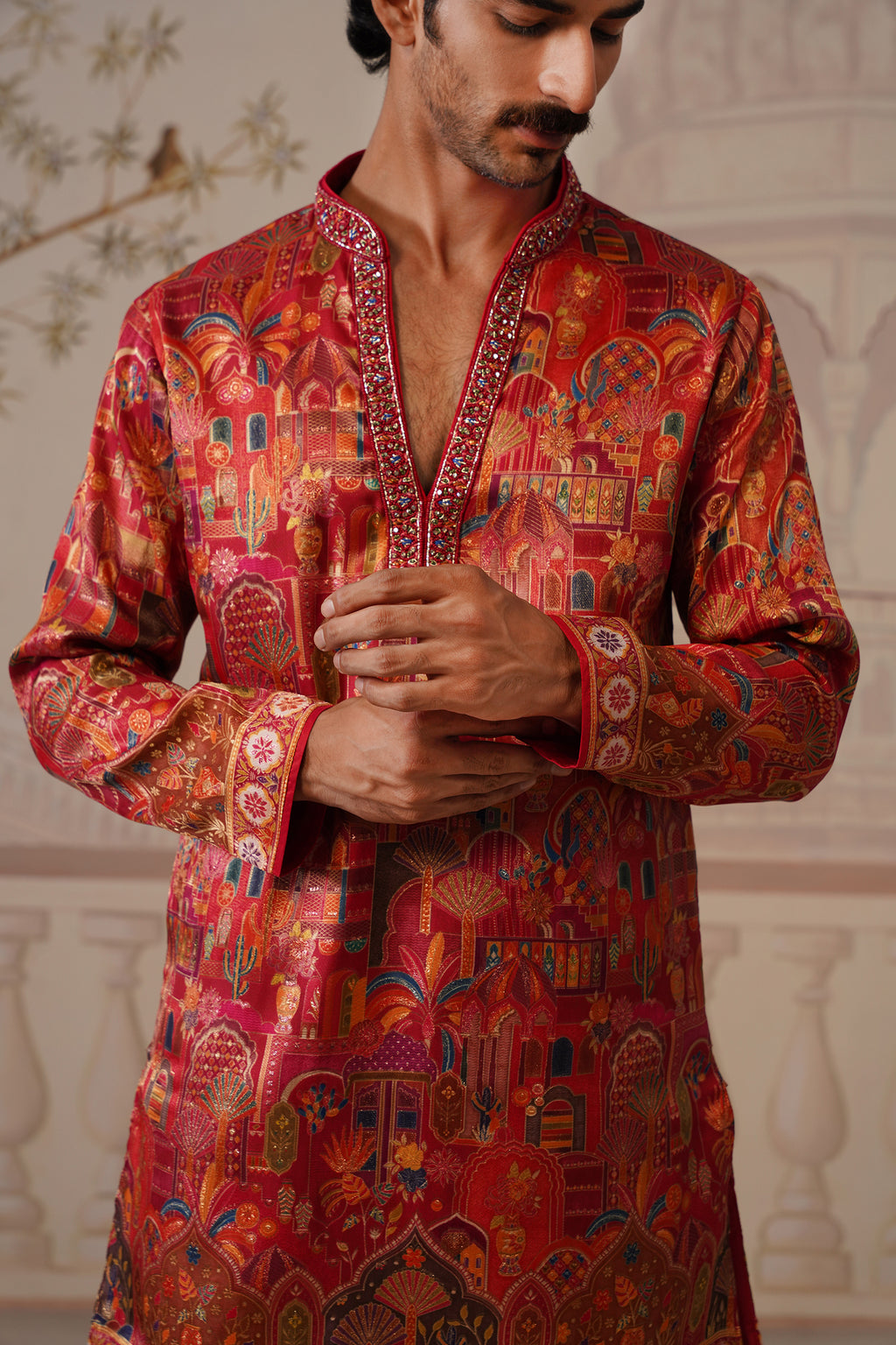 Tej Jacquard Hand Embroidered V-Neck Kurta with Trouser