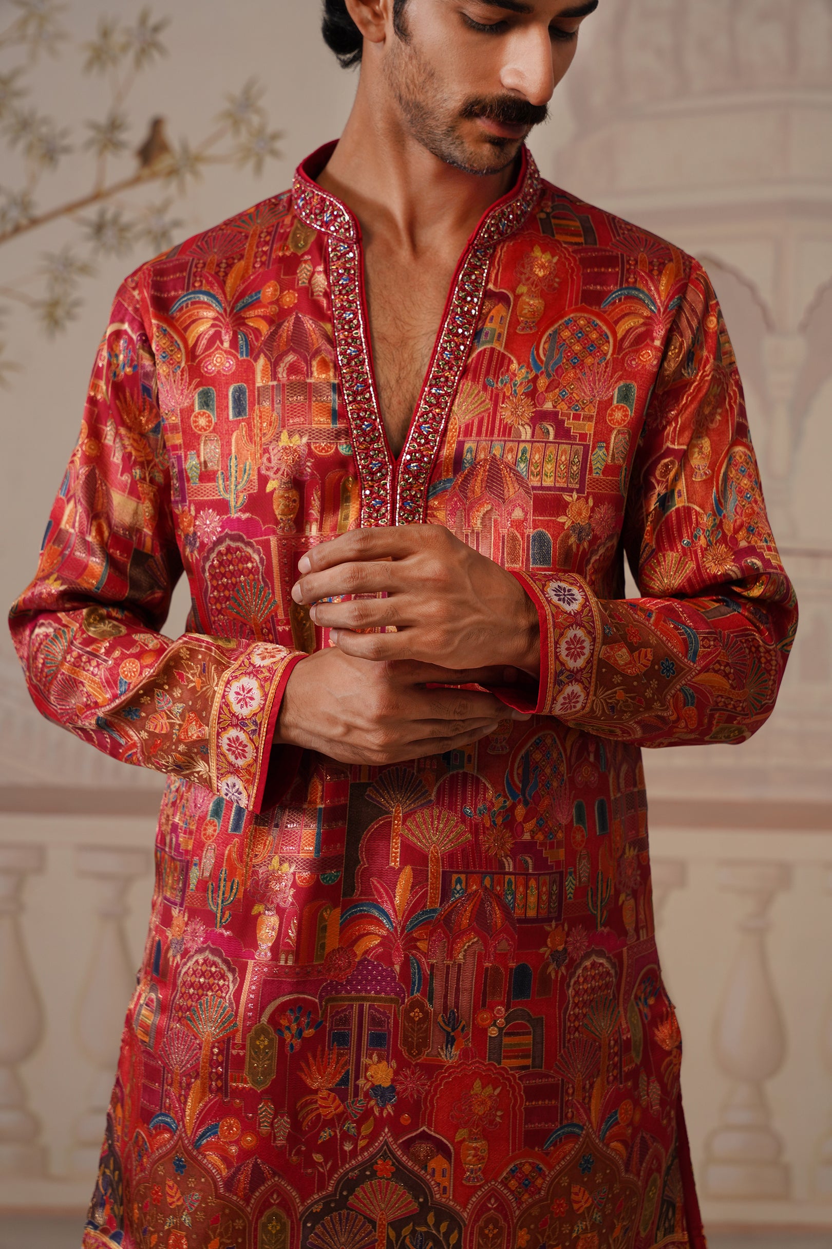 Tej Jacquard Hand Embroidered V-Neck Kurta with Trouser