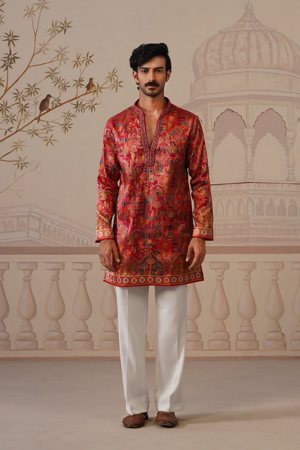 Tej Jacquard Hand Embroidered V-Neck Kurta with Trouser
