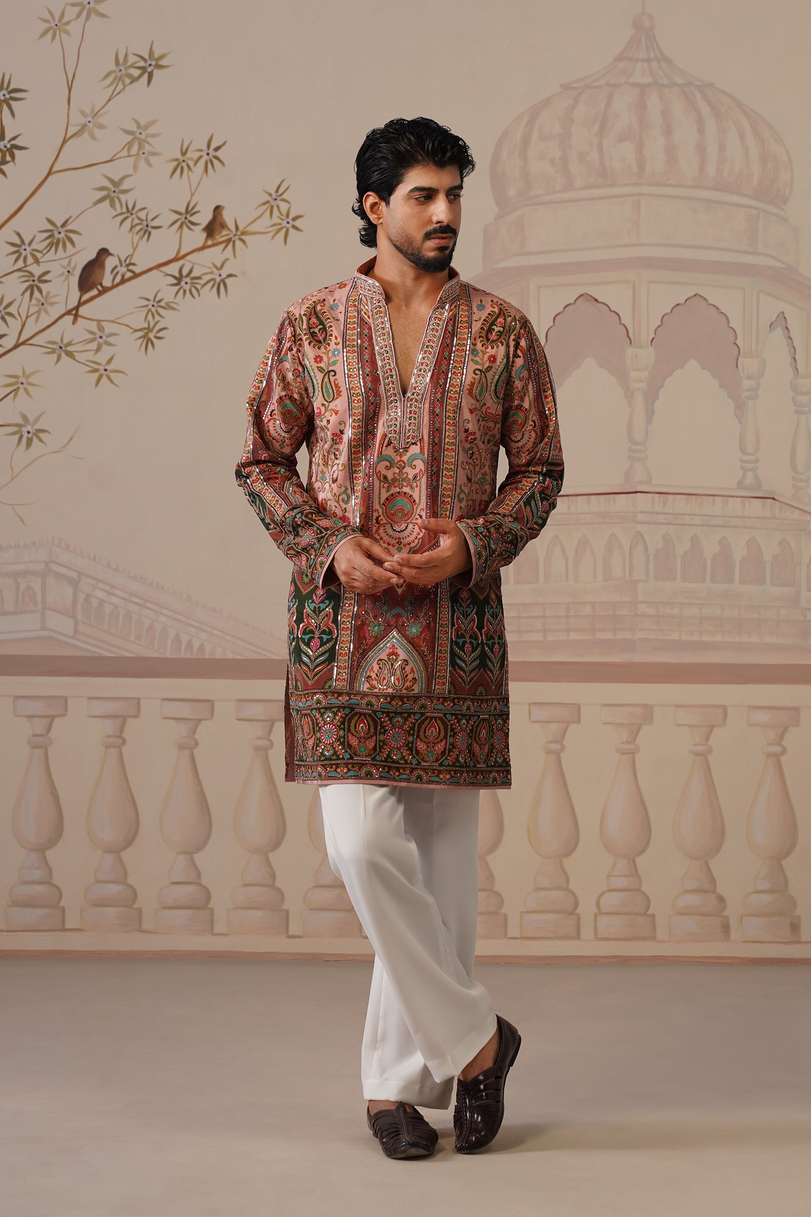 Bagh Pink Hand Embroidered V-Neck Kurta with Trouser
