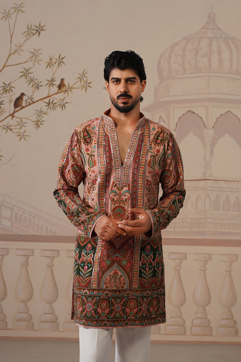 Bagh Pink Hand Embroidered V-Neck Kurta with Trouser