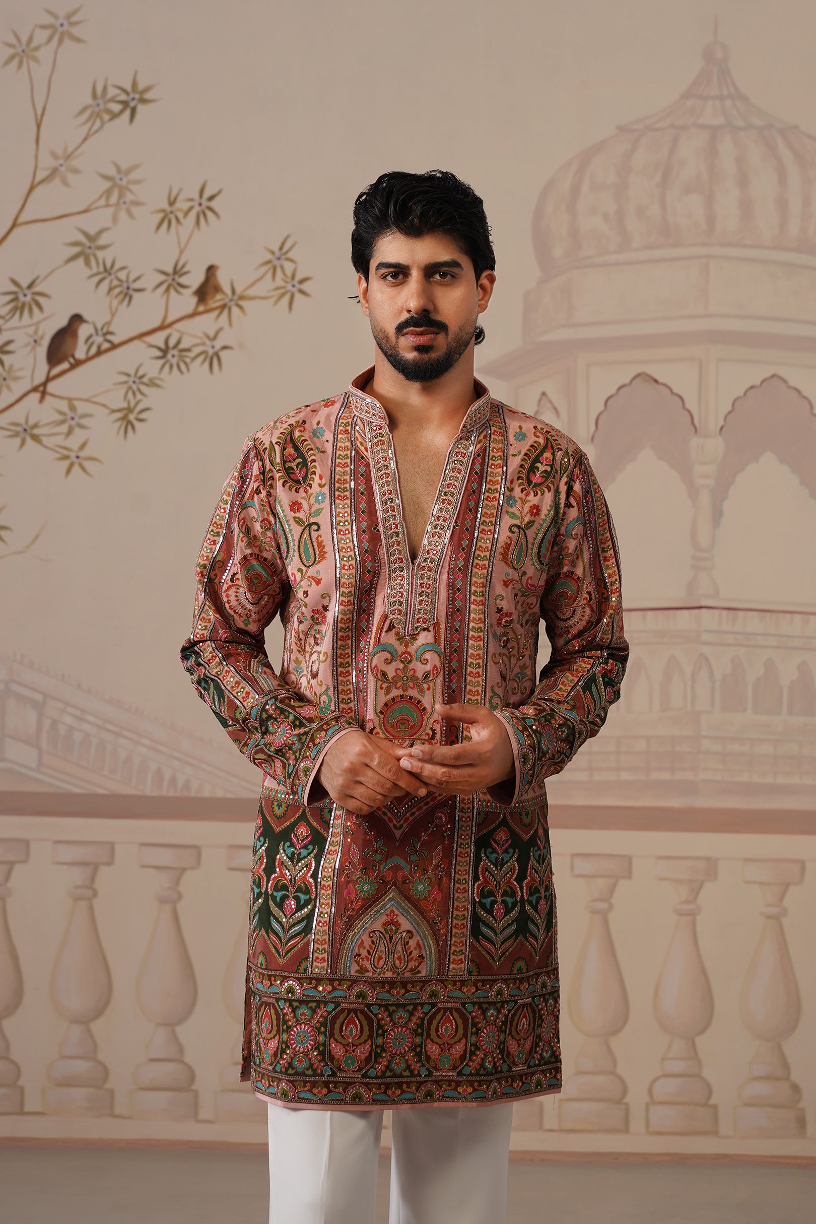 Bagh Pink Hand Embroidered V-Neck Kurta with Trouser