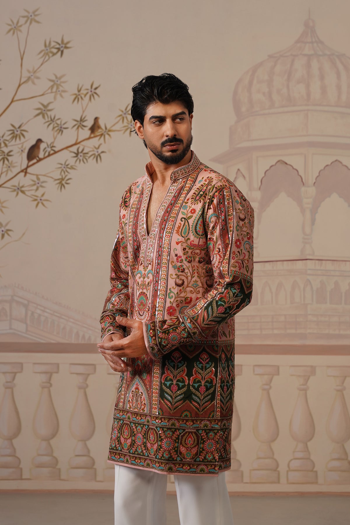 Bagh Pink Hand Embroidered V-Neck Kurta with Trouser
