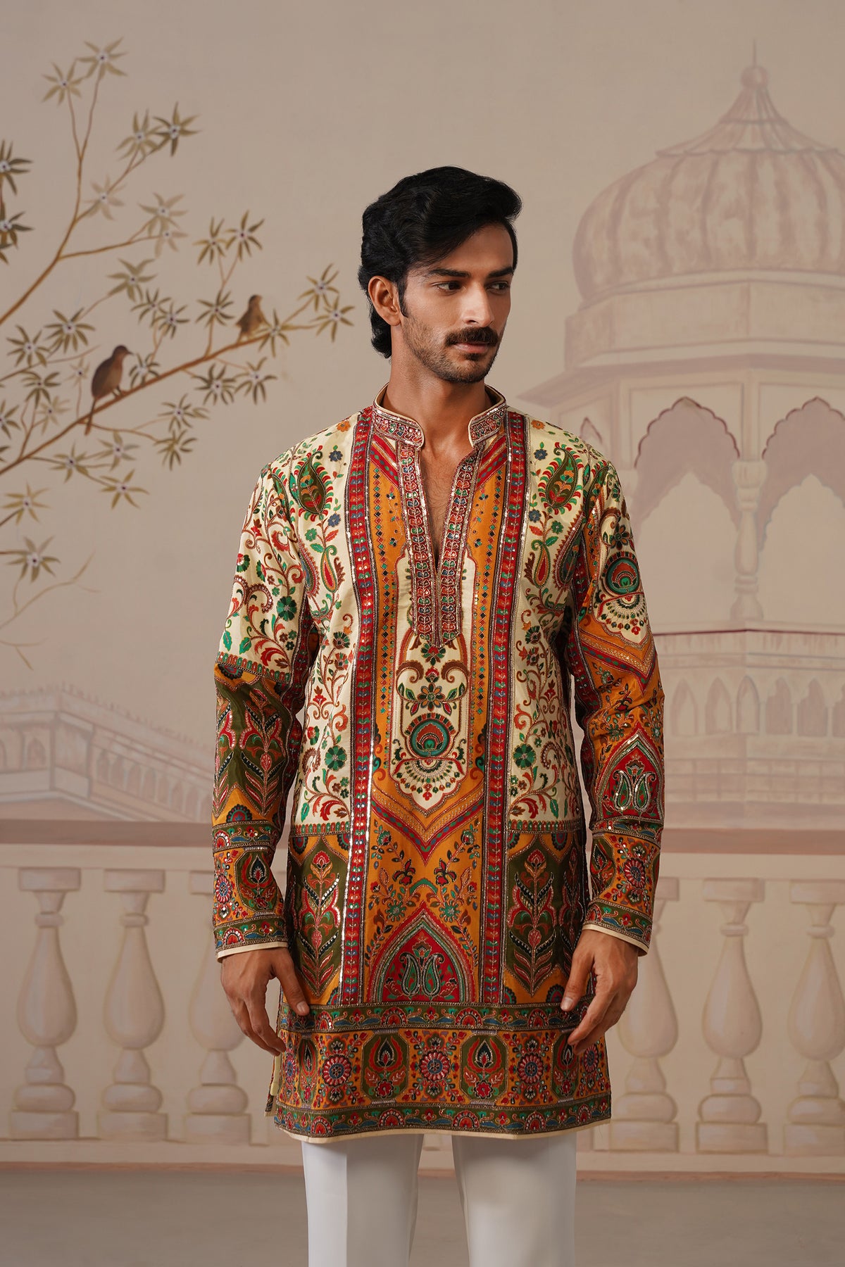 Bagh Beige Hand Embroidered V-Neck Kurta with Trouser