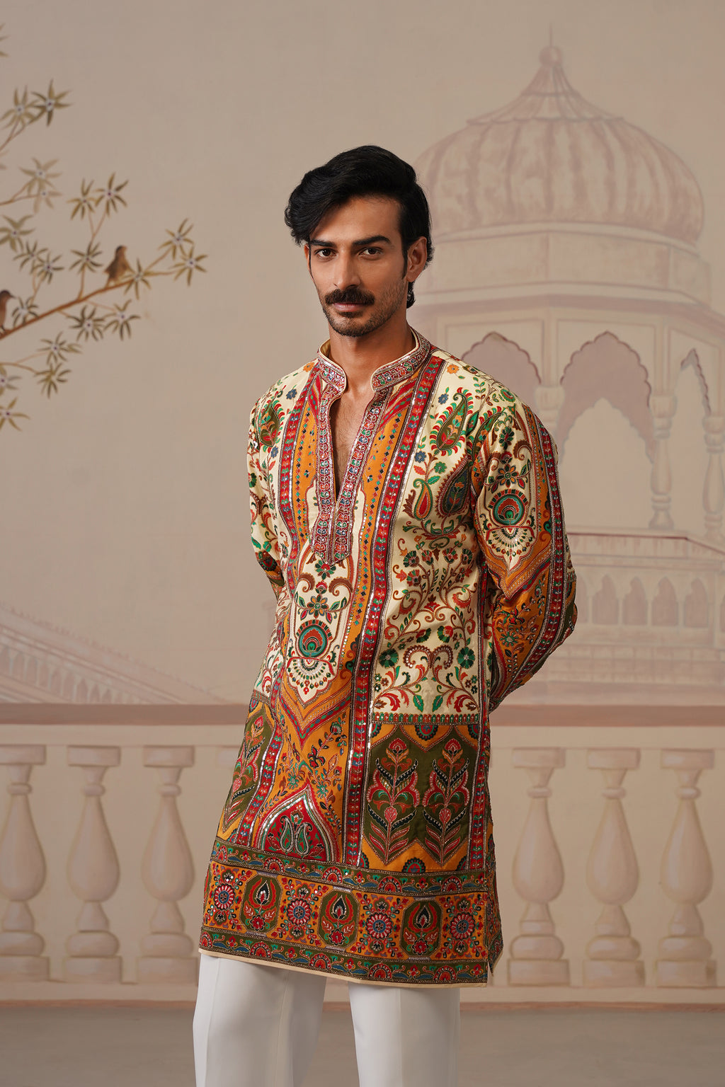 Bagh Beige Hand Embroidered V-Neck Kurta with Trouser